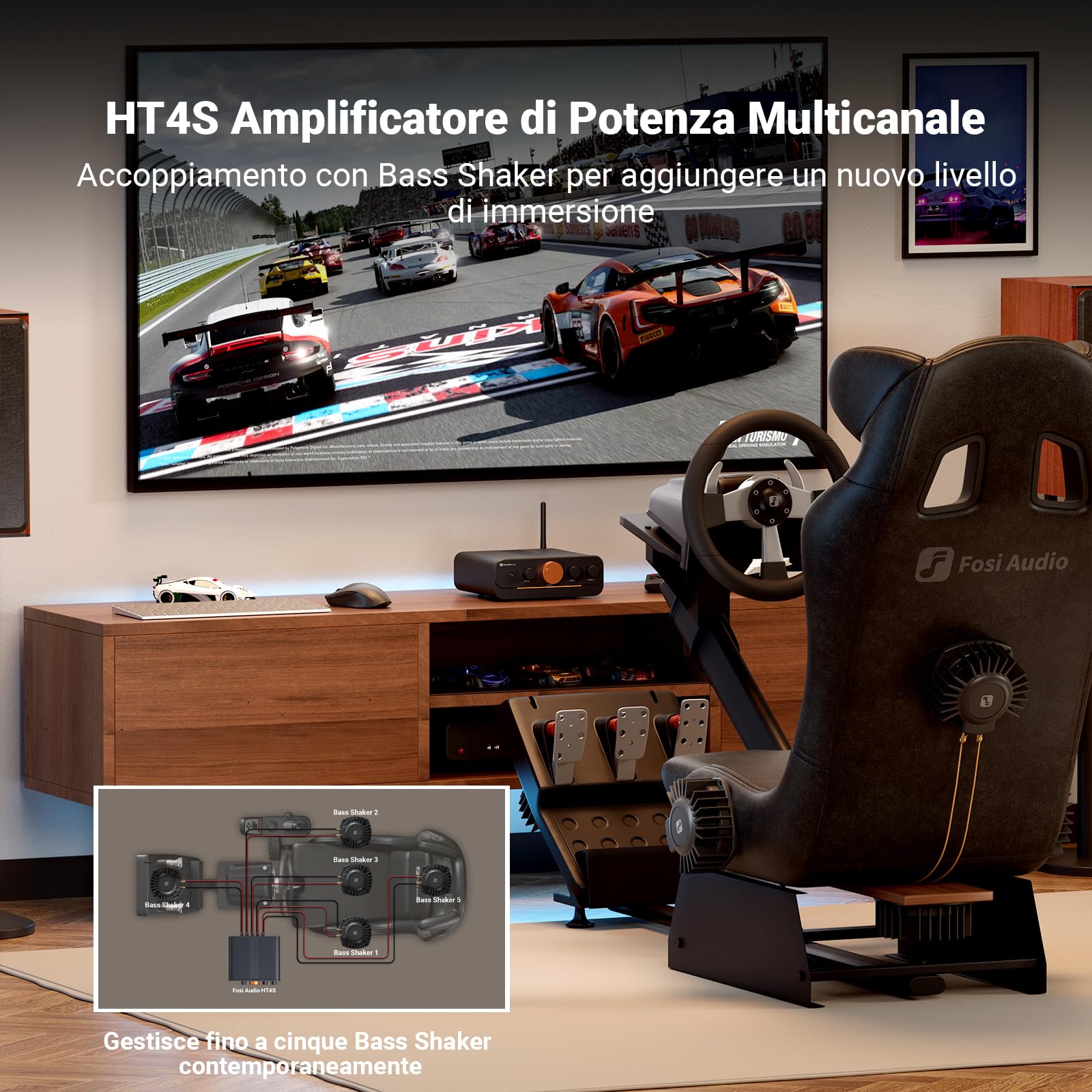 Fosi Audio HT4S Amplificatore Bluetooth, Amplificatore Audio Stereo a 4.1/5.0 Ch, 4 Canali per Bass Shaker Sim Racing Cockpit, con Ingresso AUX/Ottico e Telecomando, per Altoparlanti Esterni