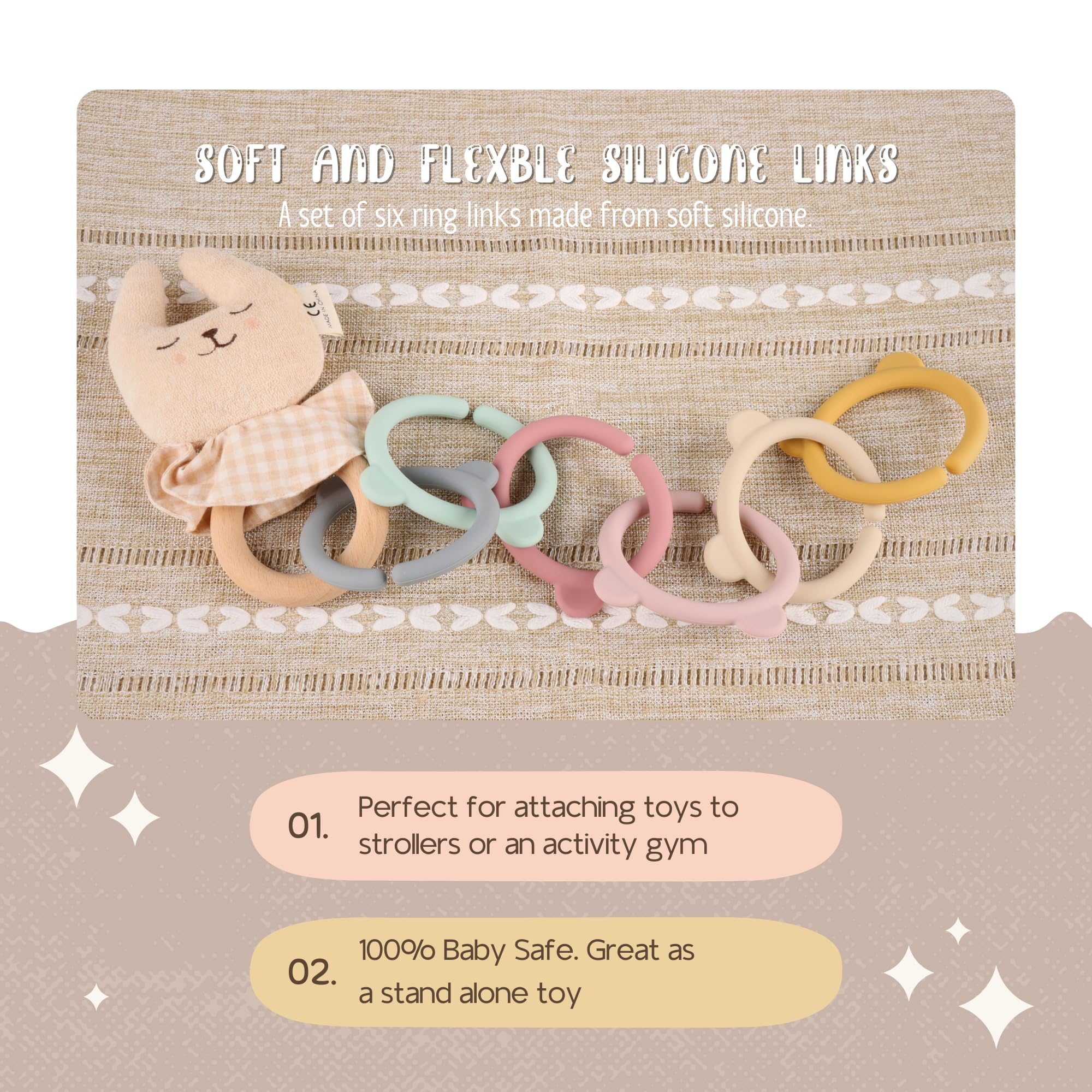 6 Packungen Baby-Beißringglieder, Silikon-Beißringglieder, zum Befestigen von Babyspielzeug an Kinderwagen oder Tragetasche