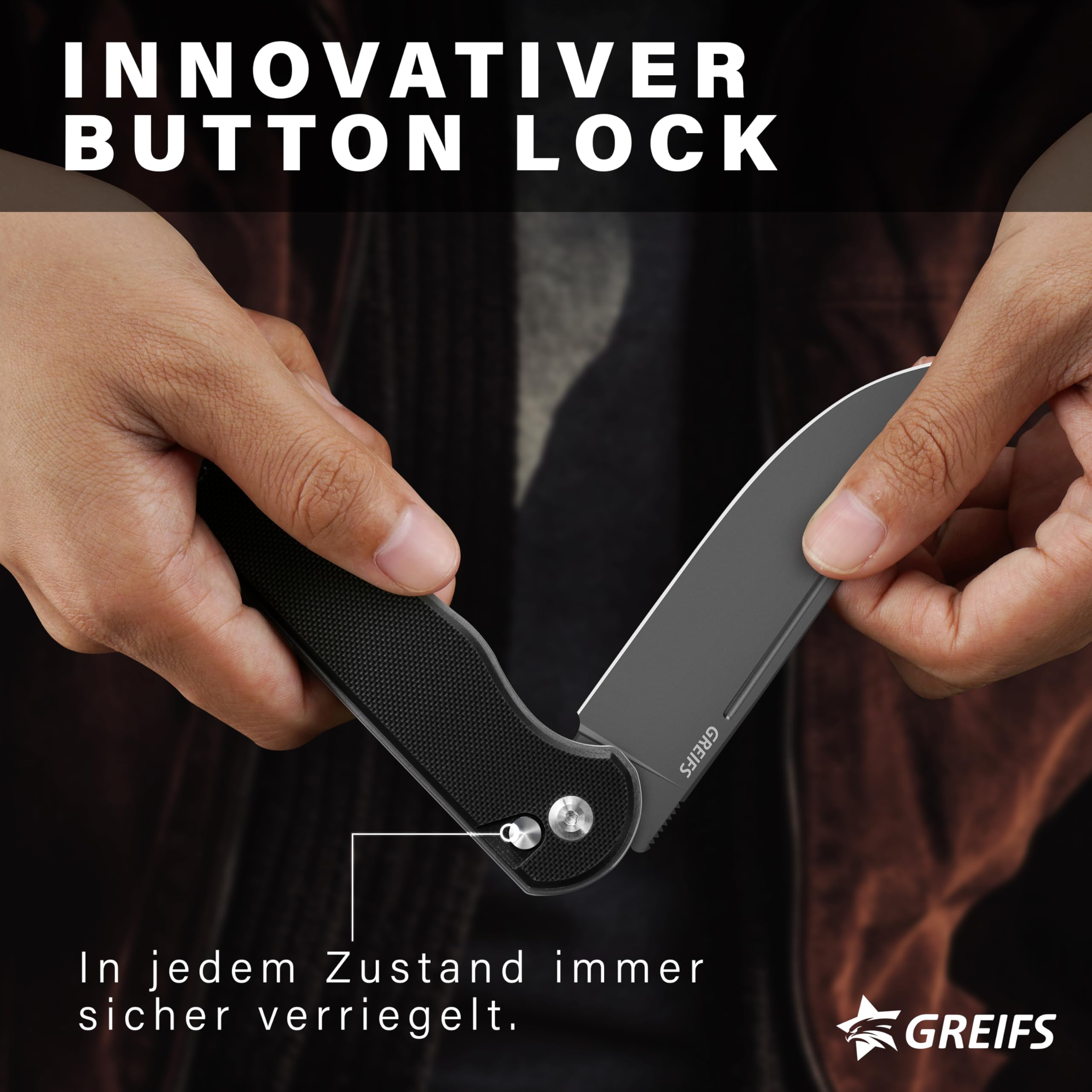 GREIFS® Klappmesser Paxos (Zweihandmesser) aus D2 Stahl mit Buttonlock und Kydexscheide, EDC Messer Outdoor Messer & Survival Taschenmesser, Überlebensmesser, Jagdmesser (TitanBlack)