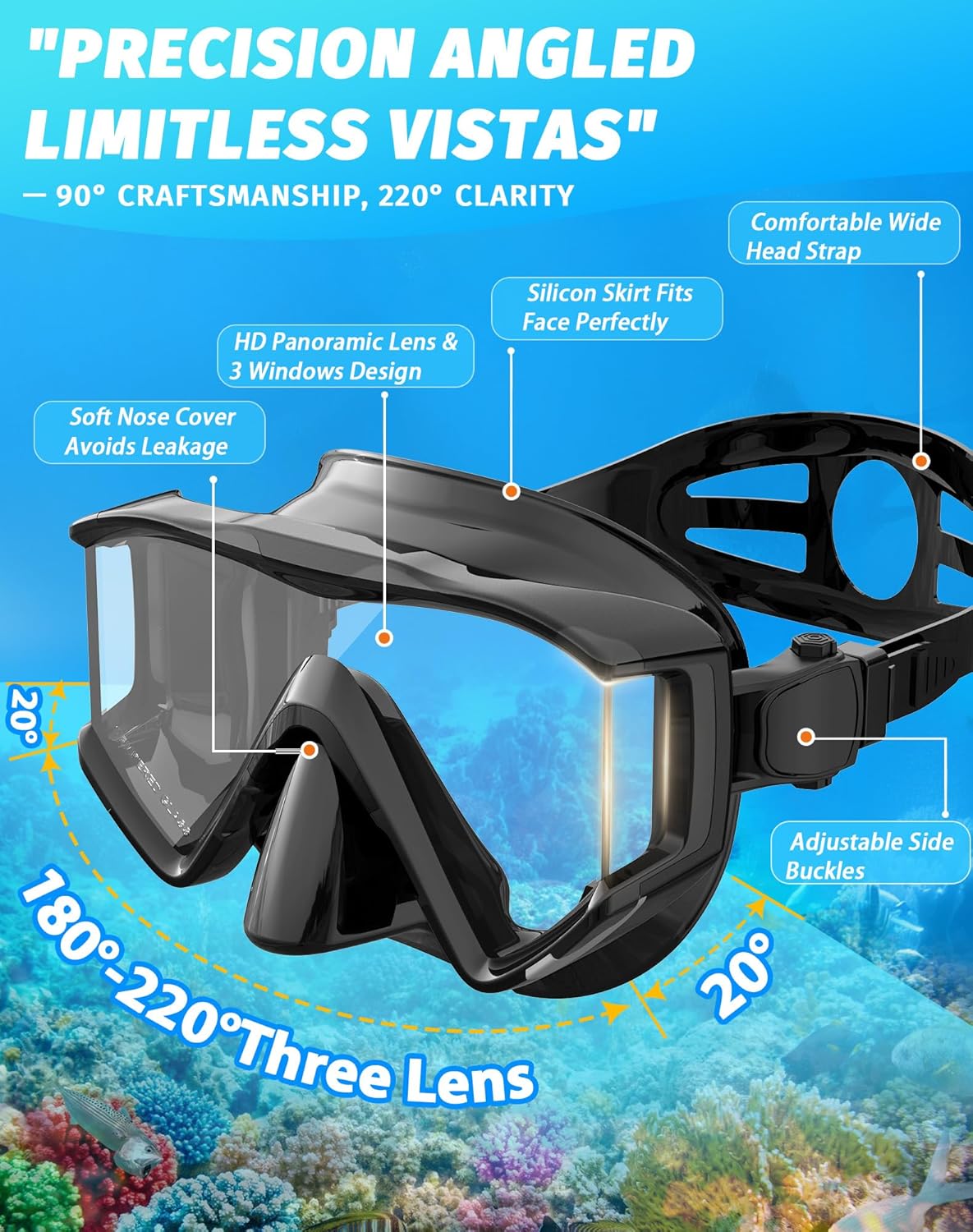 Greatever Snorkel Set Pano 3 Window Snorkel Mask Adult, Panoramic Wide View, Anti-Fog Scuba Diving Mask, Anti-Leak Snorkel Goggles Dry Top Snorkel, Professional Snorkeling Gear for Adults - Image 2
