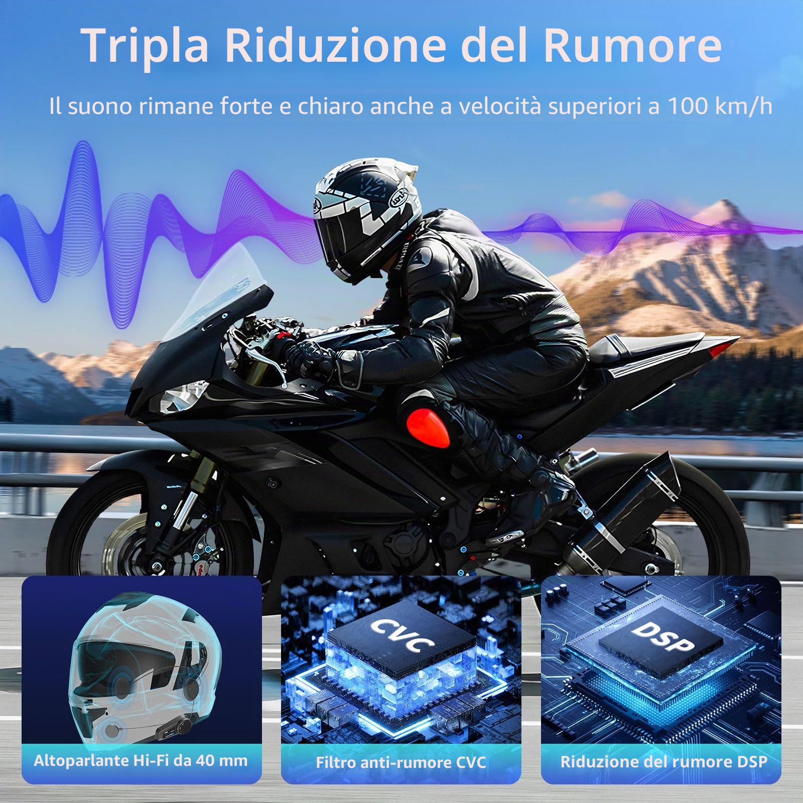 FODSPORTS FX6 Interfono Moto Bluetooth Casco Audio Stereo Hi-Fi CVC Riduzione Rumore Auricolare Per 6 Motociclisti Simultaneo Entro 1000m Mani Libere GPS FM