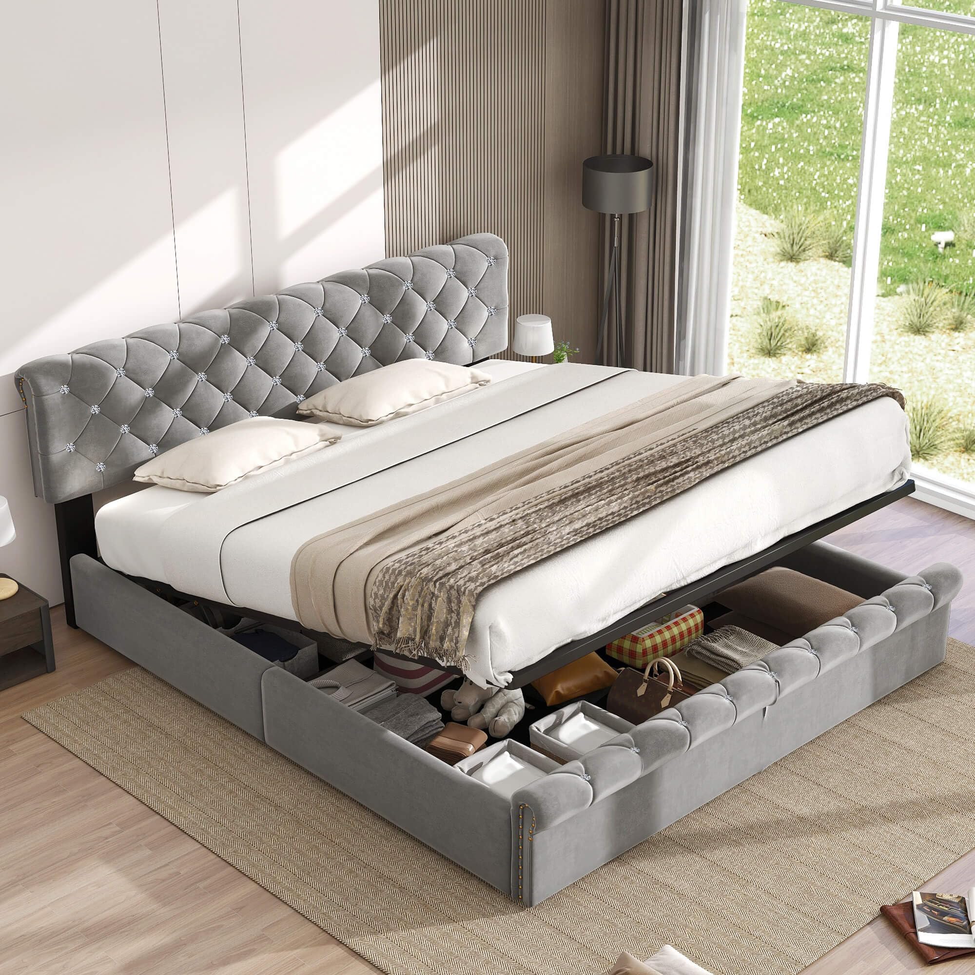 Lit Double MONAKO Avec Coffre - Tête De Lit Rembourrée, Matelas Bonnell Et Surmatelas Inclus - 160x200 Cm