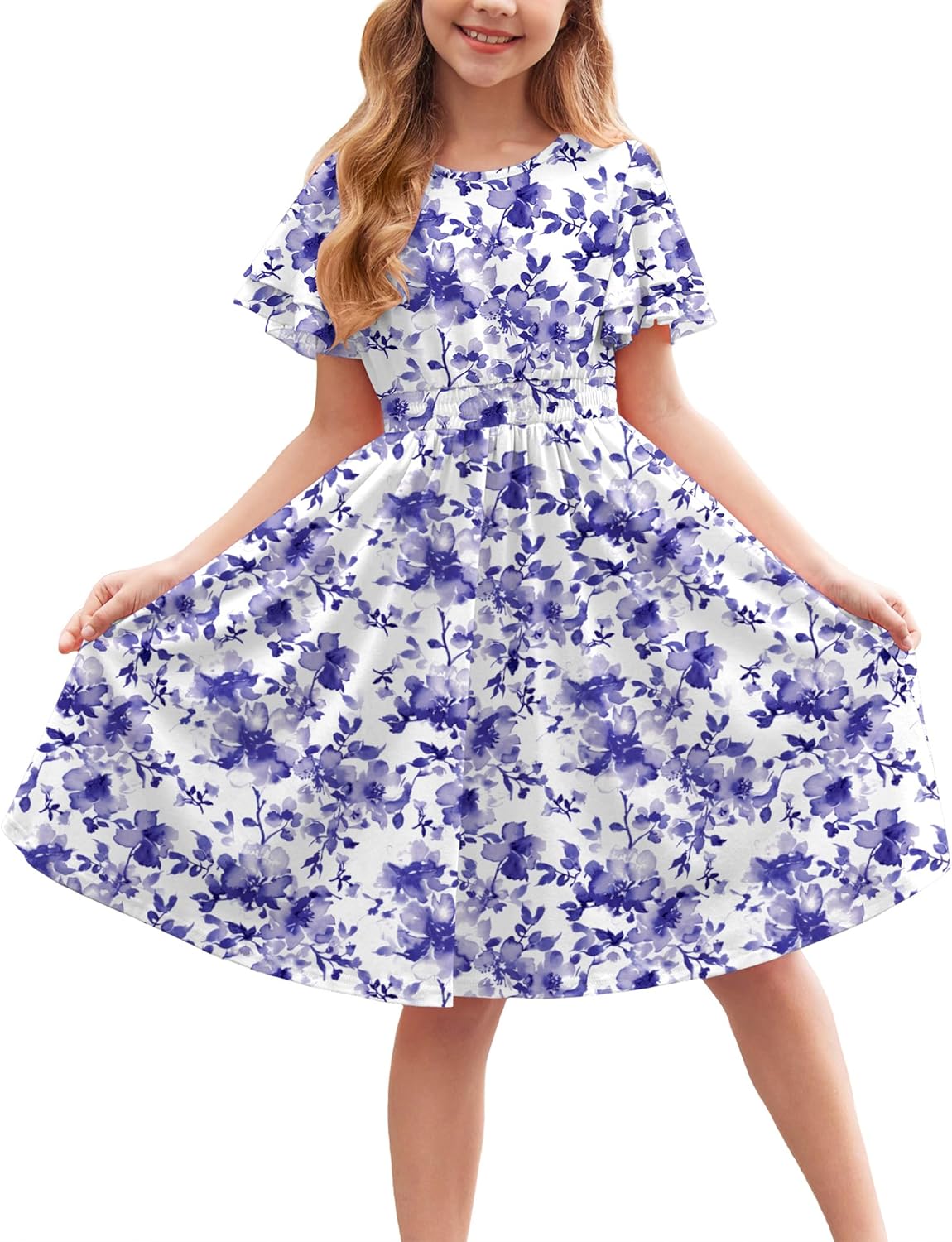 Arshiner Girl's Casual Dress Summer Scoop Neck Short Sleeve Flowy Print and Plain Sundress for Kids 4-14Y