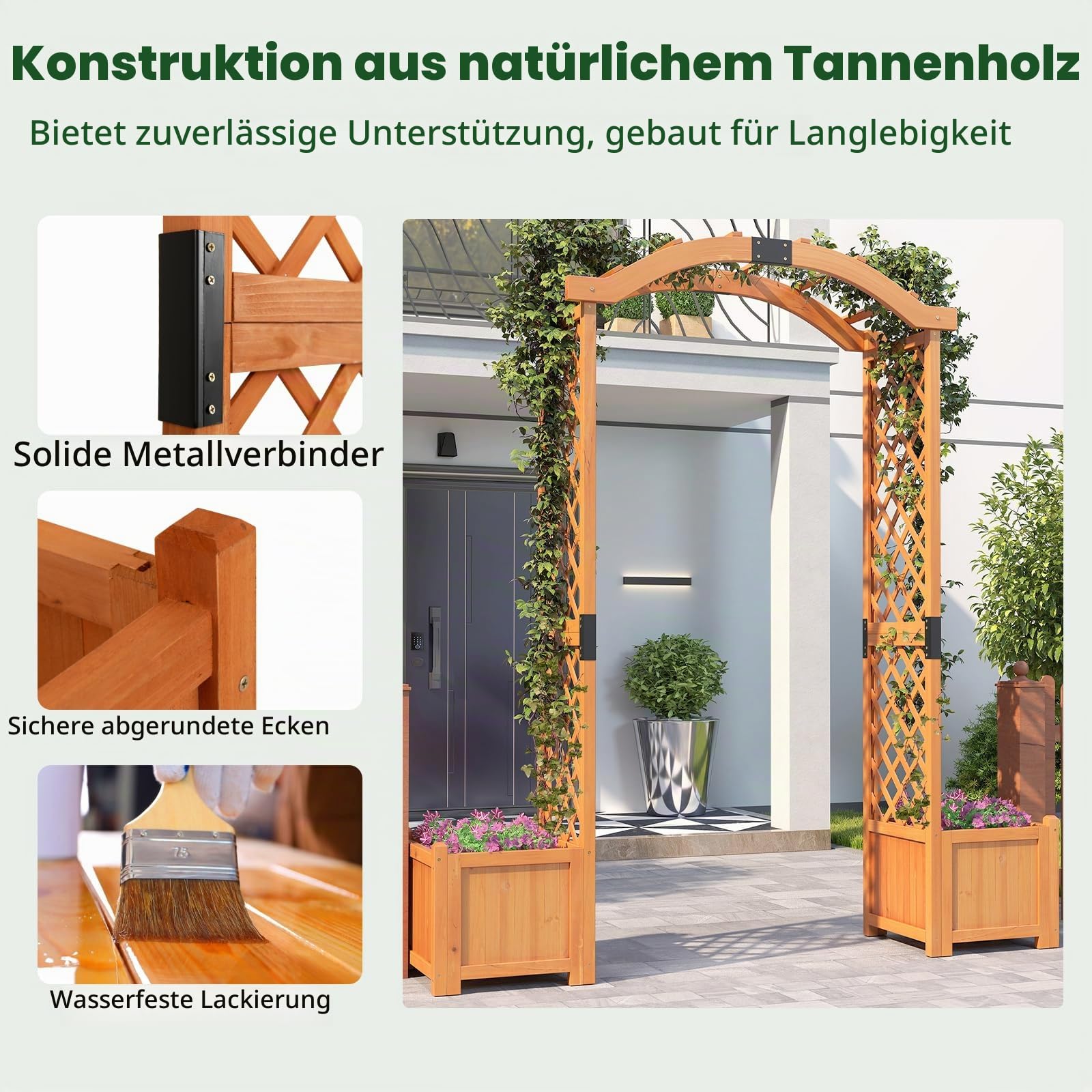 HOMASIS Rosenbogen mit 2 Blumenkasten, Torbogen Holzbogen für Hochzeit Garten Party, Rankgitter für Rosen Kletterpflanzen Blumen Gemüse, Gartenbogen Rankhilfe Spalier, Pergola 185x45x201cm (Orange)