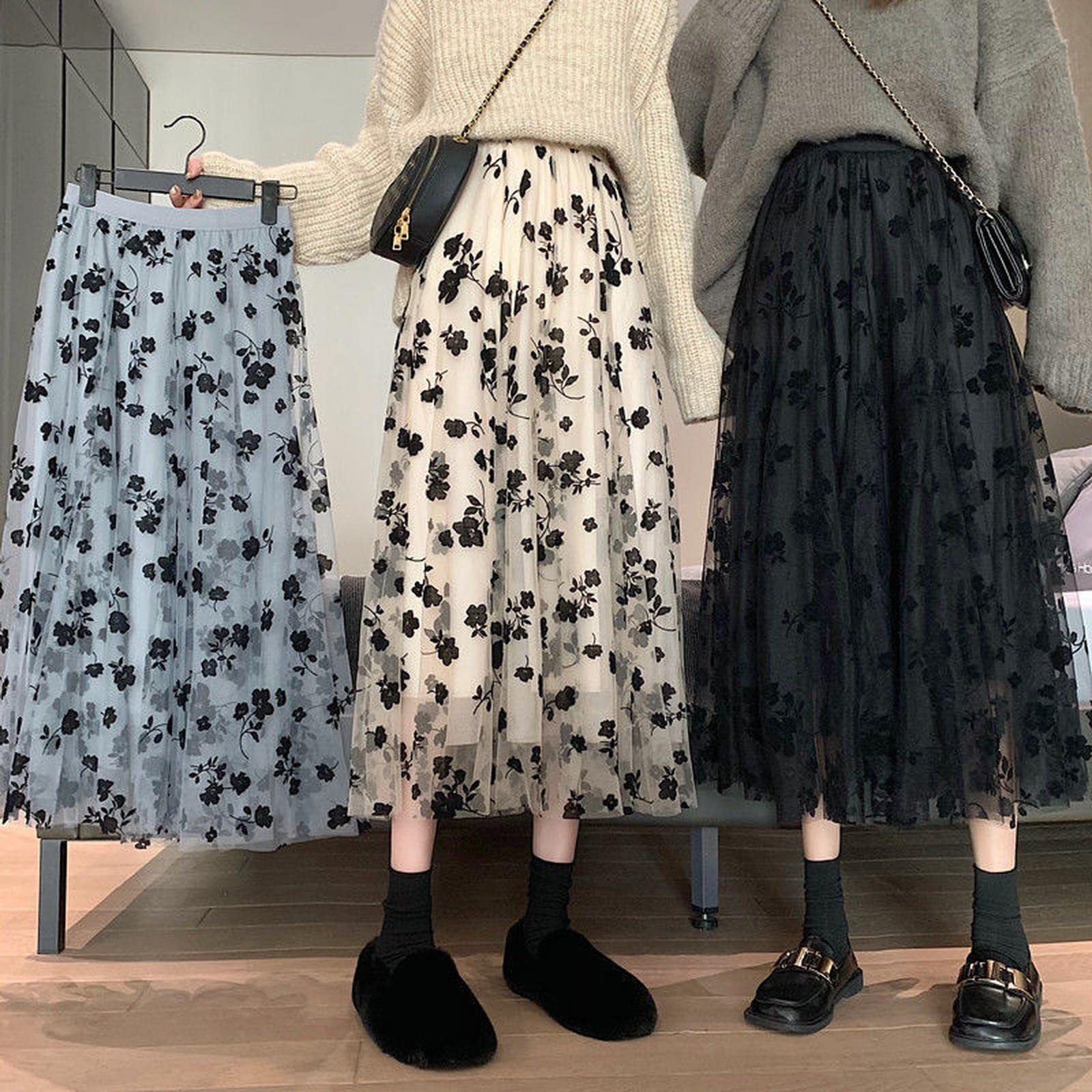 Jupe longue en tulle pour femme - Broderie vintage élastique - Taille haute - Ligne A - Jupe plissée en maille - Jupe midi pour femme