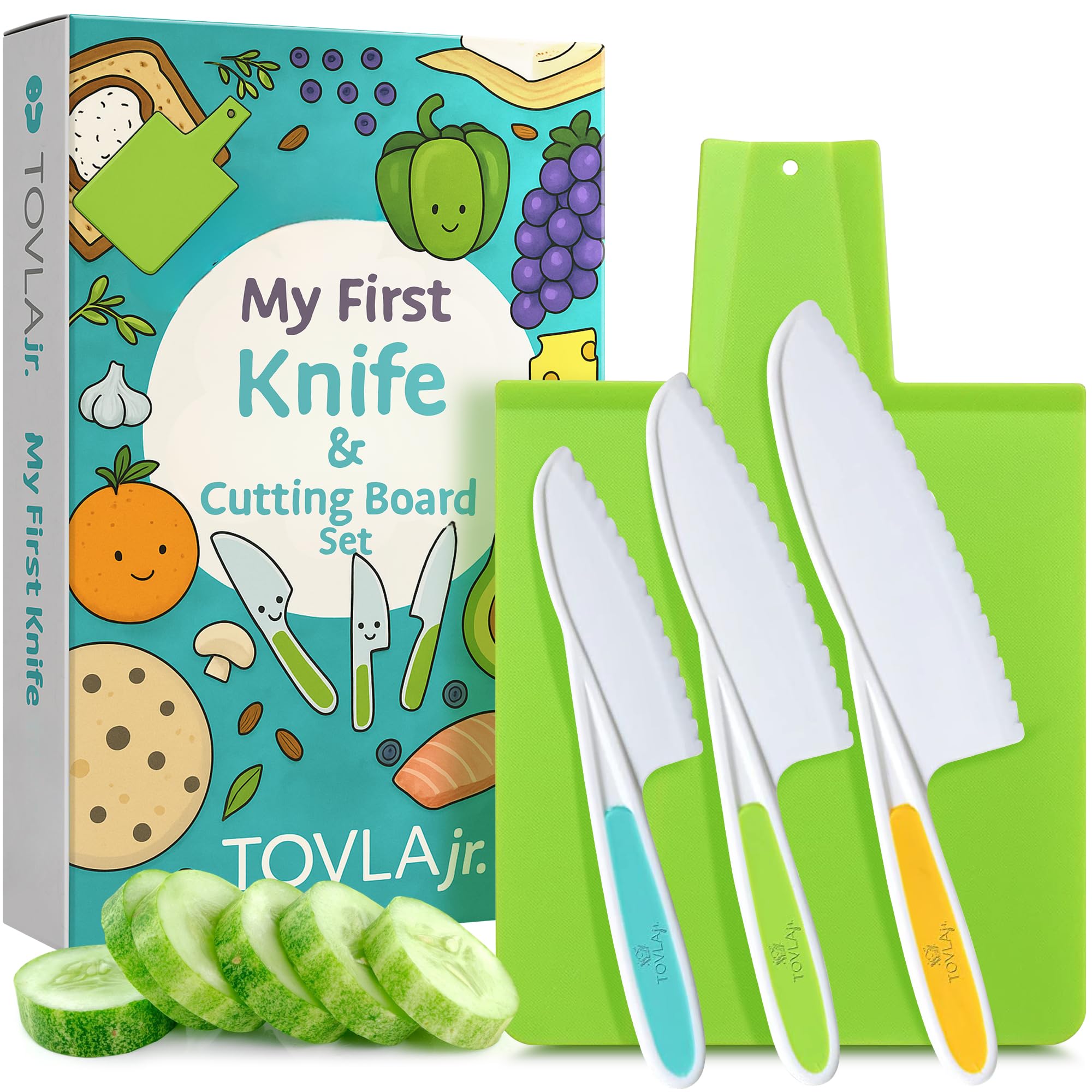 TOVLA JR. Toddler Montessori Kitchen Knife and Cutting Board Set – Safe, Kid-Sized Tools for Real Cooking – Ages 3+ Life Skills and Hands-On Prep
