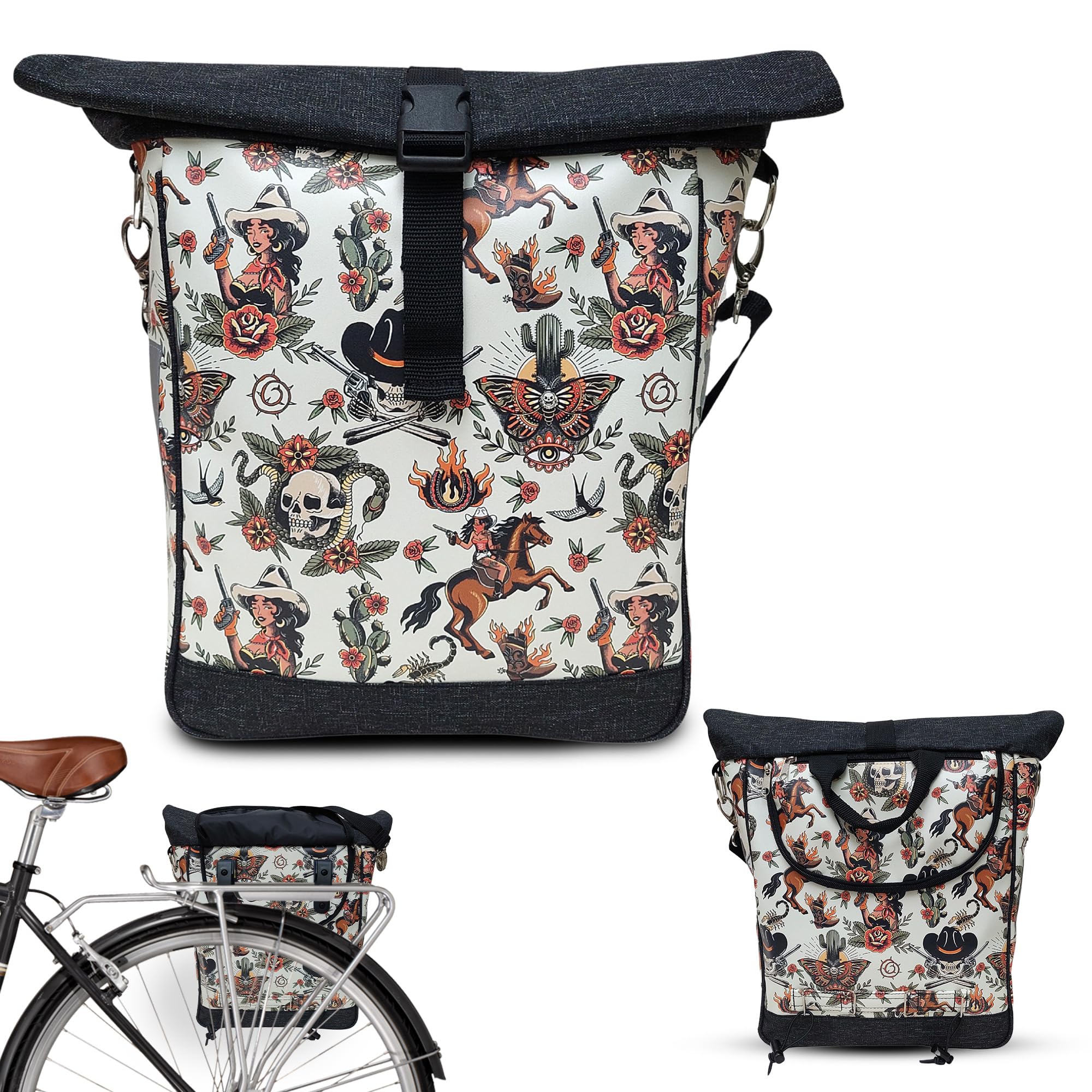 Ikuri Alforja de bicicleta para portaequipajes, bolsa individual, desmontable, con correa para colgar, de lona, unisex, impermeable, modelo vaquera