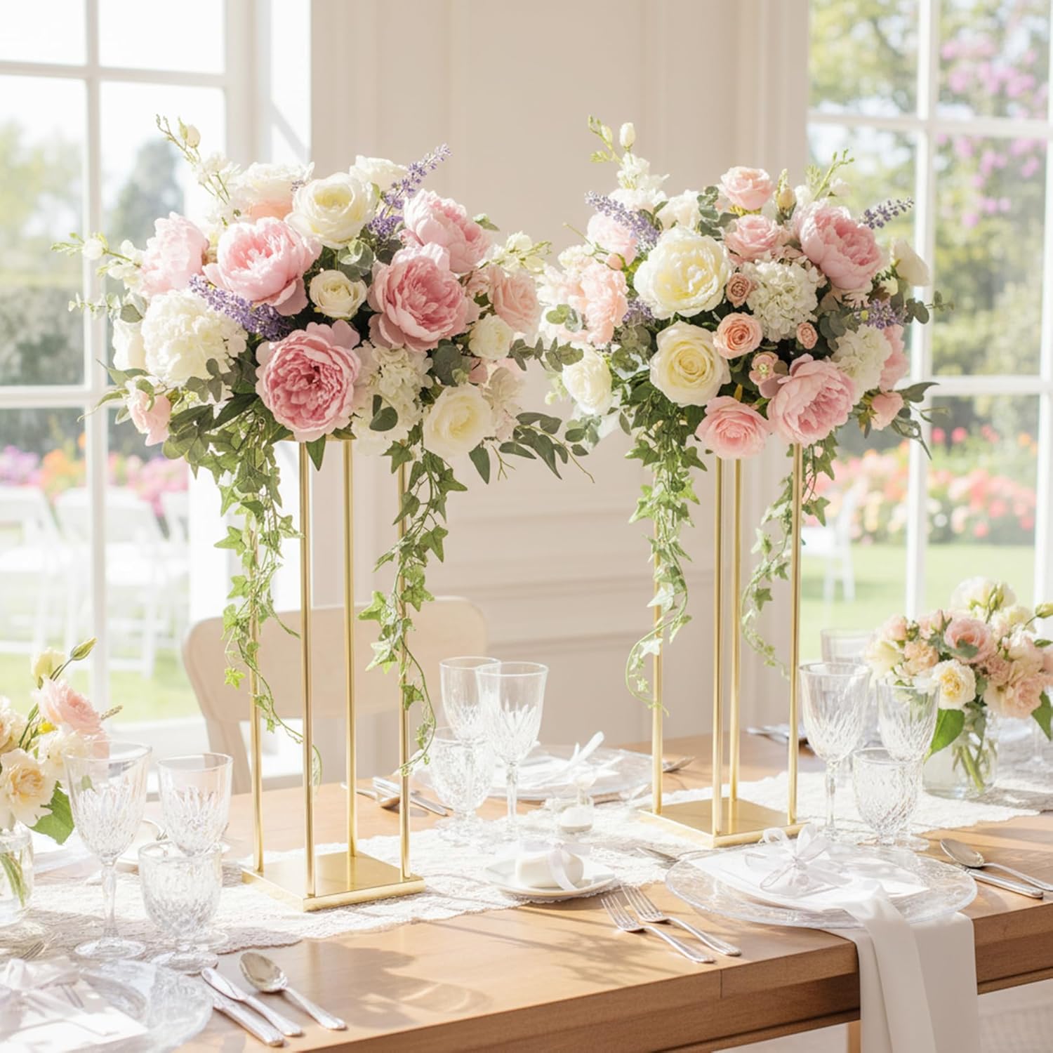 Set of 2 Wedding Centerpieces Geometric High Gold Vases - 31.5" Artificial Flower Display Stand for Wedding Christmas Carnival Party Dinner Event Hotel Home Decor Arrangement