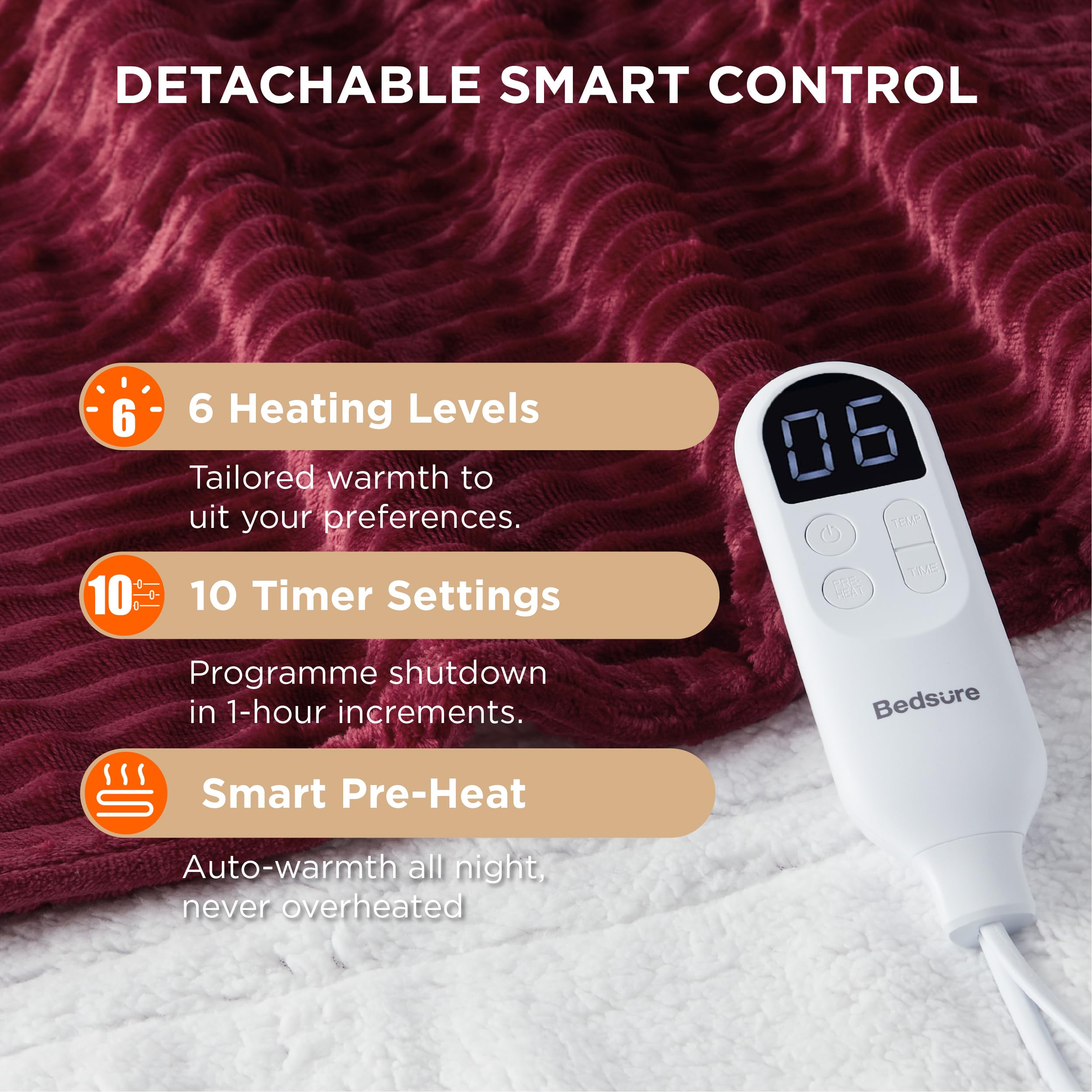 Bedsure Heated Blanket Electric Throw, Ribbed Flannel Electric Blanket, Heating with 10 Time Settings, 6 Heat Settings - Image 3