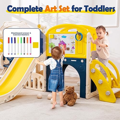 Miniatura 5 de Juego de tobogán y columpio 12 en 1 para niños de 1 a 3 años, parque infantil para interiores y exteriores con escalador, aro de baloncesto, túnel y