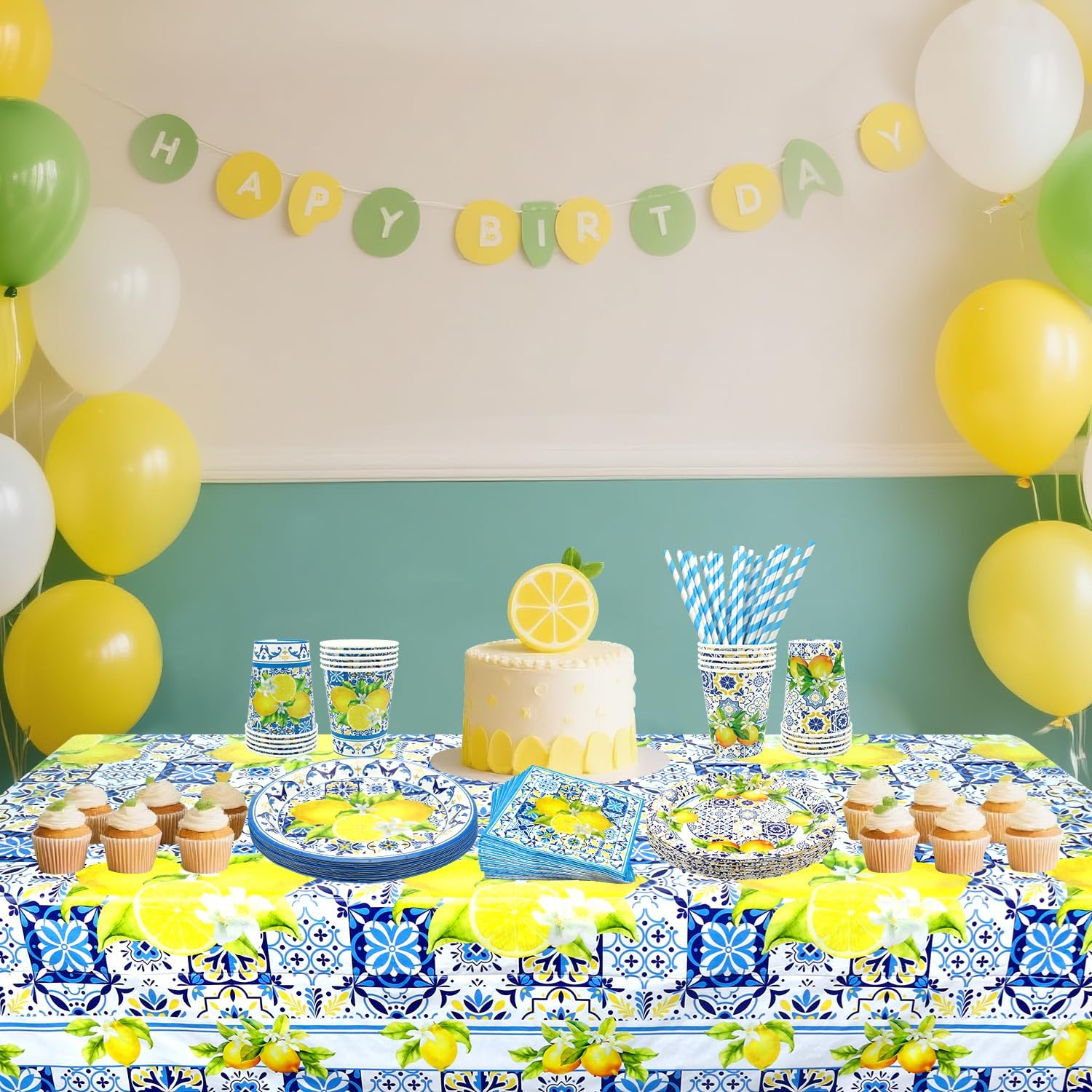 KEFAN Capri Lemon Birthday Party Decorations, Capri Lemon Theme Party Tableware Supplies including Plates, Cups, Napkins, Tablecloth (20)