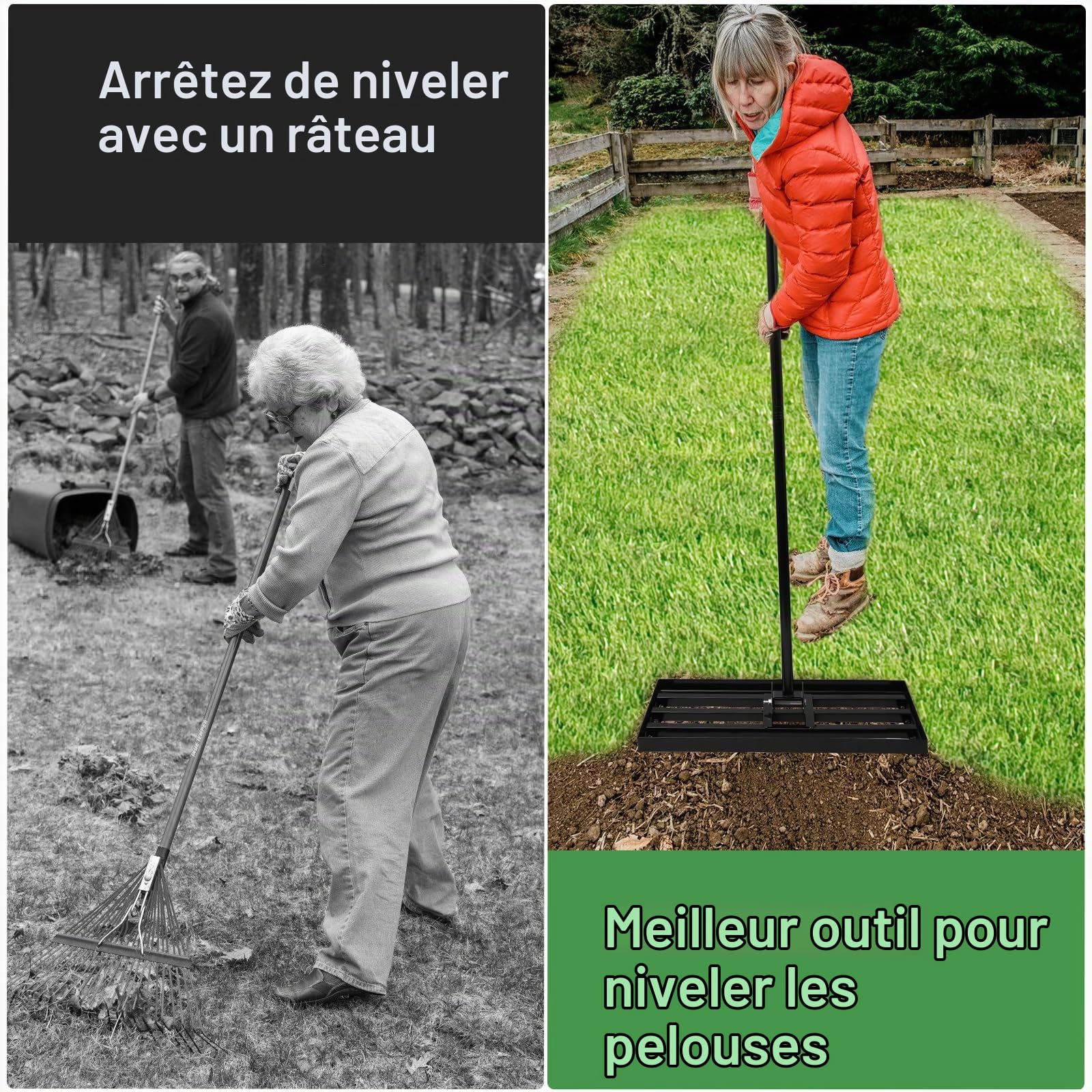 Râteau à Gazon, 45 x 25 cm, Manche de 183 cm, Acier Inoxydable, Manche réglable, Outil Professionnel d'entretien de la pelouse pour Jardins, terrains de Golf et fermes (Noir, 25cm*45cm*183cm)