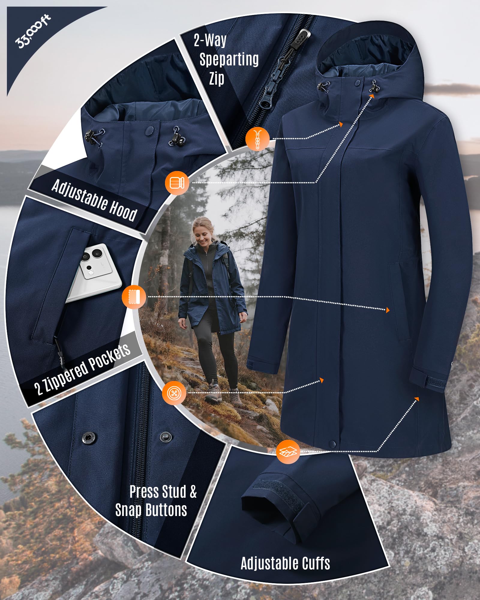 33,000ft Veste de pluie coupe-vent pour femme - Longue veste softshell imperméable avec capuche - Veste de transition légère - Veste de randonnée respirante pour le printemps, l'été et l'automne