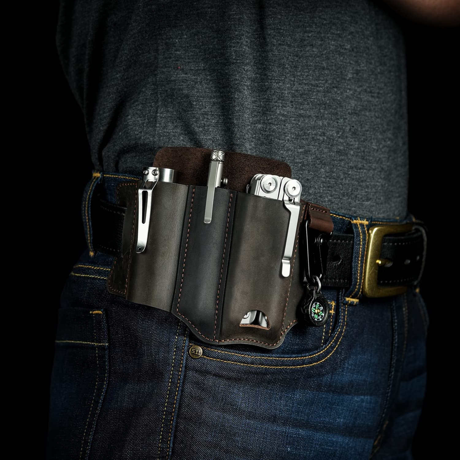VIPERADE PJ13 EDC Funda de cuero, Multitools Funda/Herramientas Funda/Cuchillo Cinturón Funda/Linterna Vaina para Leatherman Multitools/Cuchillos, Hecho a Mano 3 Bolsillos Organizador Funda