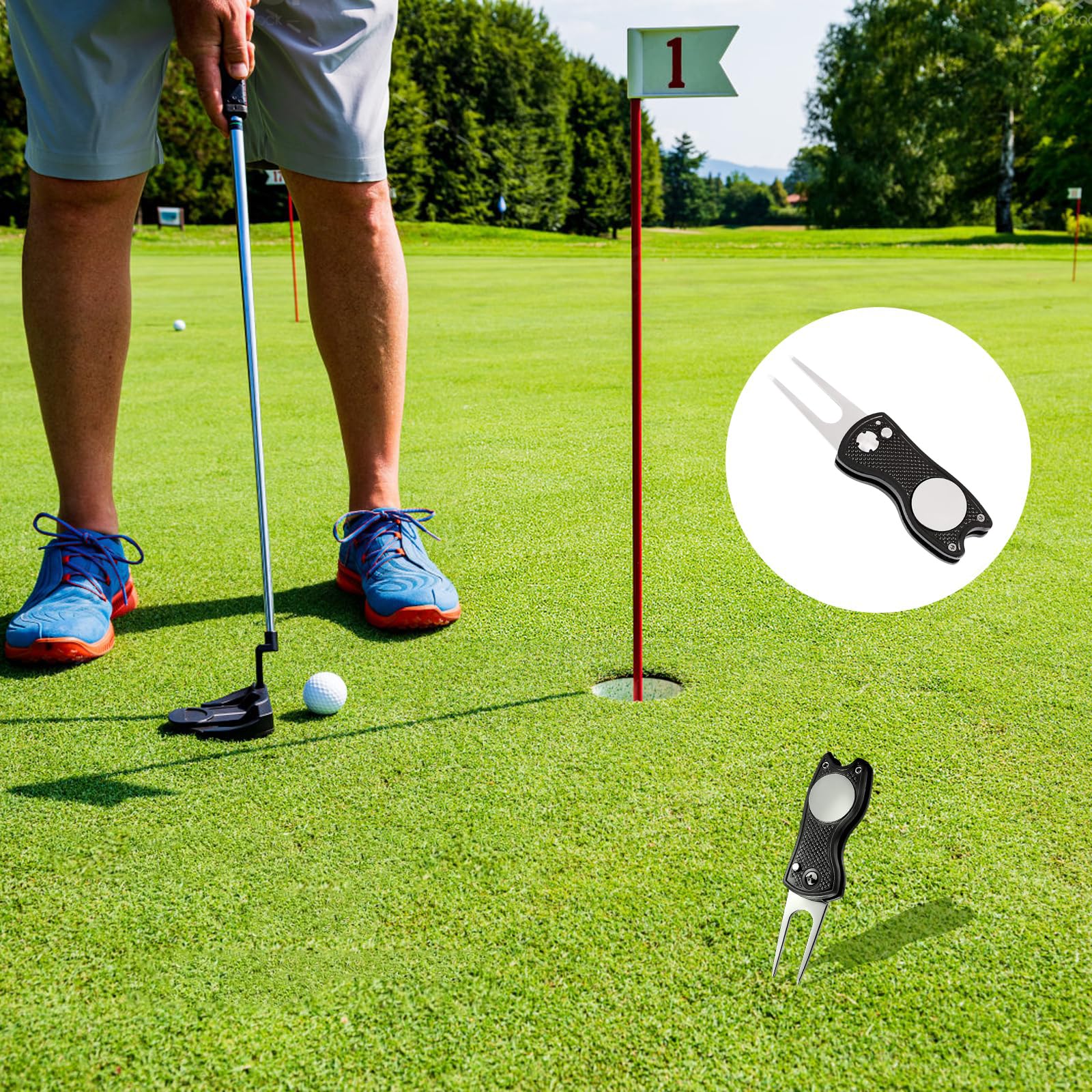 Herramienta Multifunción de Golf en Acero Inoxidable con Marcador Magnético y Botón Pop-up Plegable