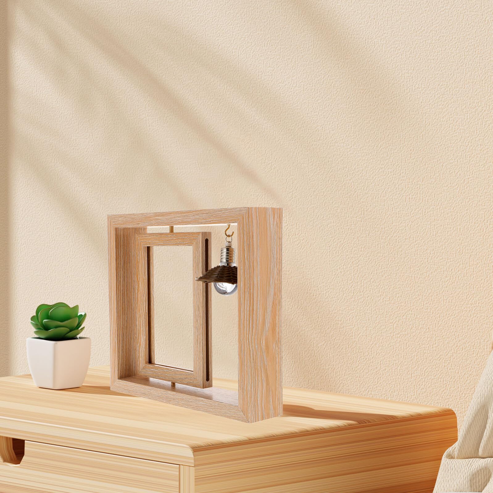 VANZACK Marco de Fotos Giratorio de Doble Cara de Madera 15x15 Cm Luz LED para Escritorio, Adorno Decorativo Creativo para Hogar y Oficina, Marco Soporte para Fotos 6 Pulgadas