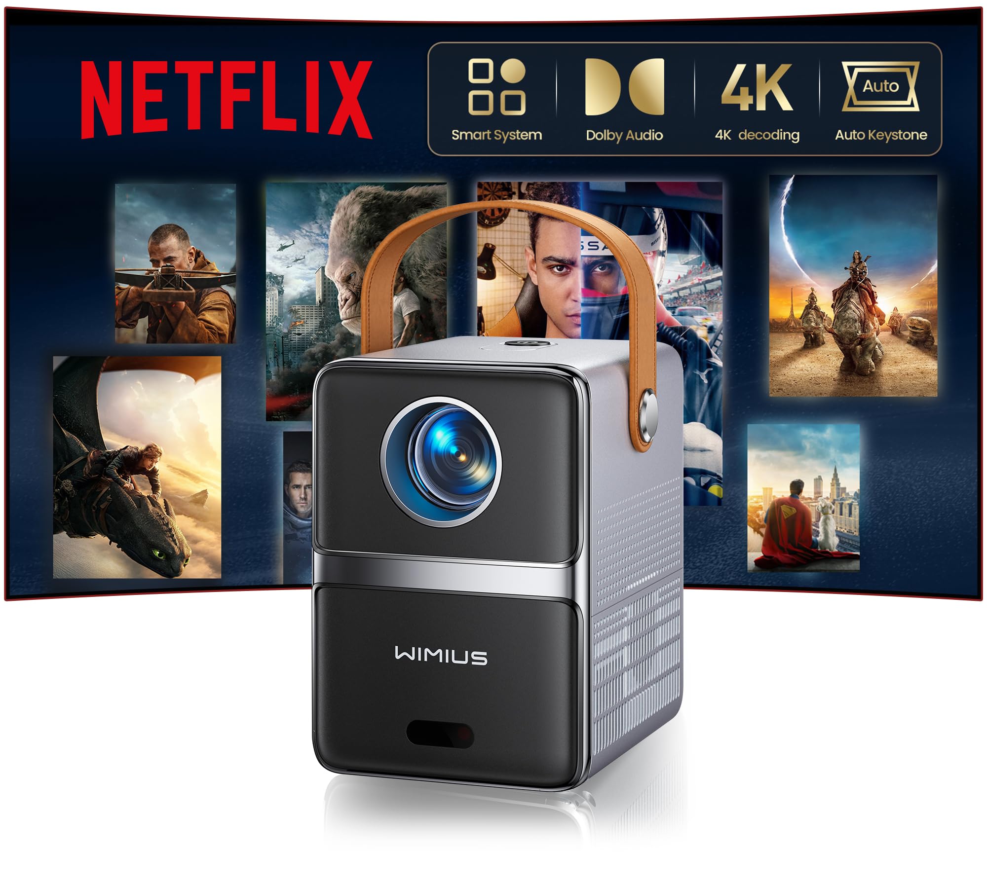 Mini Beamer 4K Smart Beamer Klein with WiFi6 2-Wege Bluetooth Full HD 1080P Elektrischer Fokus Auto Vertikale Trapezkorrektur Kurzdistanz Projektor