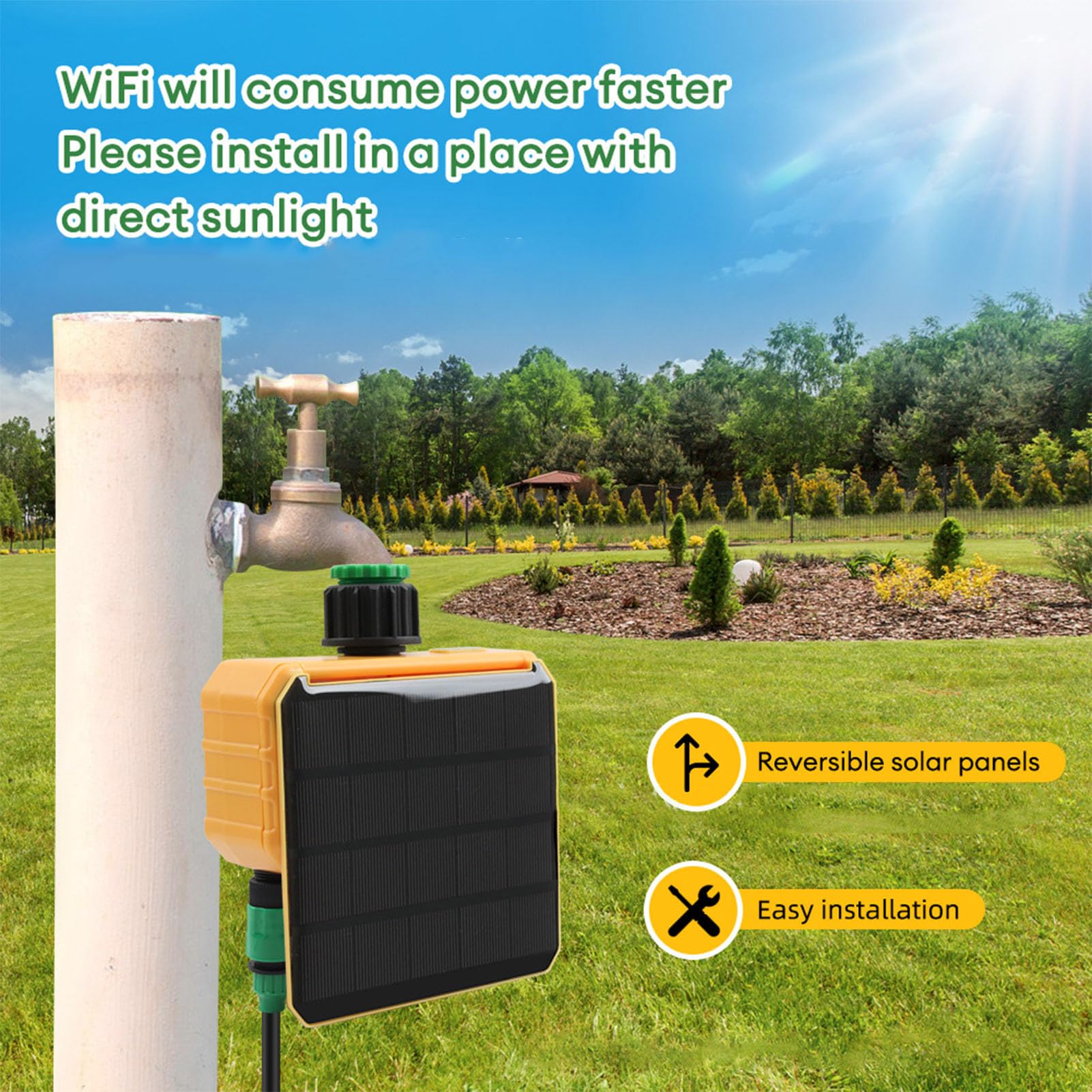 Tonysa Solar Watering Timer z Czujnikiem Deszczu i Sterowanie Wi-Fi, Inteligentny Kontroler Nawadniania do Ogrodu, Automatyczny System Podlewania z 2 Punktami Sprzedaży i wbudowaną Akumulator