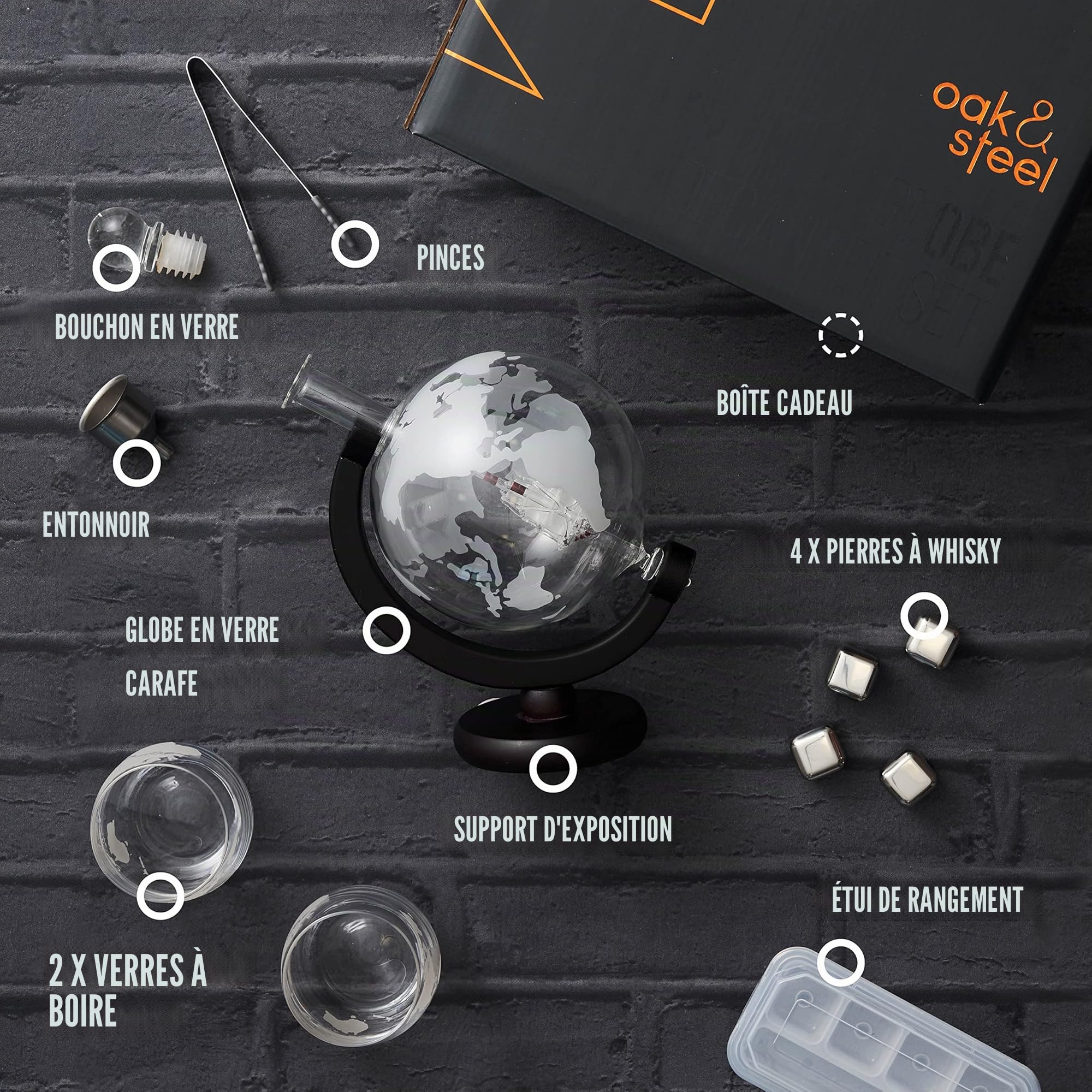 Oak & Steel - Carafe à Whisky Globe (1500ml) avec 2 Verres, 4 Pierres à Whisky en Acier Inoxydable, 1 Pince à Glace & Plus - Cadeau Anniversaire & Fête des Pères pour Homme