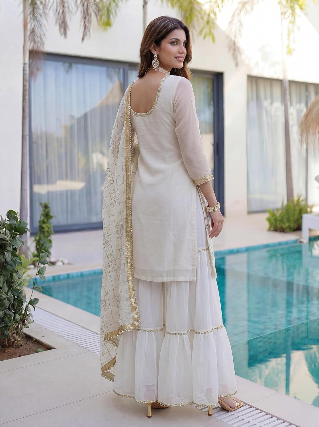 Luxury Faux Georgette Embroidered Kurti Sharara Set with Dupatta for Women | Sequins Zari Work Festive & Wedding Wear