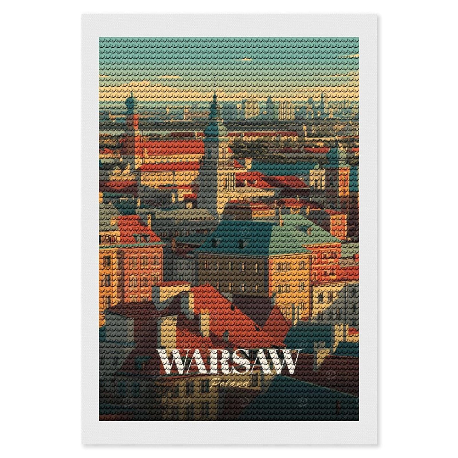 Junmoney Warsaw, Poland Cityscape Illustration Diamond Painting Canvas Set 8"x12", Boho Decor, for Craft Lovers, Easy Handmade Project, Holiday Gift Idea