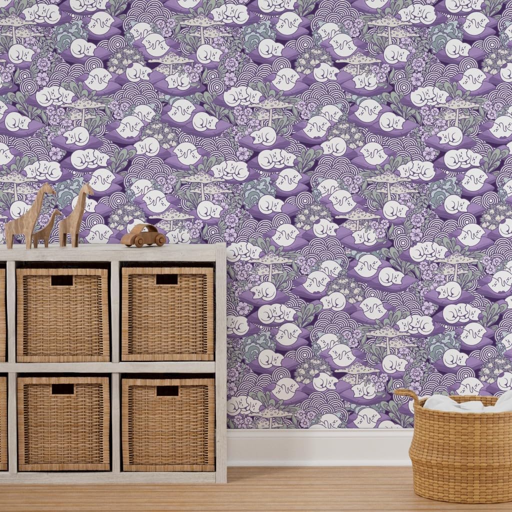 Peel & Stick Wallpaper 3ft x 2ft - Sleeping Cats Whimsical Purple Gray Toadstools Kawaii Kittens Custom Removable Wallpaper by Spoonflower