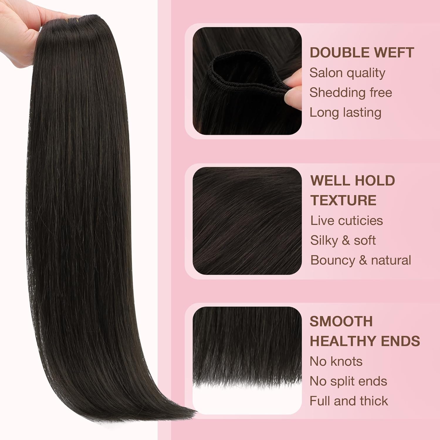 GOO GOO Sew in Hair Extensions Real Human Hair, Weft Hair Extensions Human Hair, 2 Dark Brown 20inch 105g, Weft Bundles Straight Silky Remy Hair