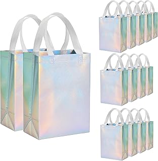 METAPRINT Reusable Gift Bags with Handles, 15 PCS Iridescent Party Favor Bags of Medium Size, 8x4x10 Inch Holographic Gift Bag Bulk for Birthday, Wedding, Goodie