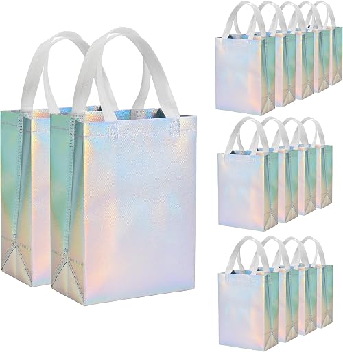 METAPRINT 15 Pcs Iridescent Glossy Gift Bags Medium Size, 8x4x10 Inch Holographic Reusable Gift Bags with Handles & Sturdy Base, Ideal for Birthday, Wedding