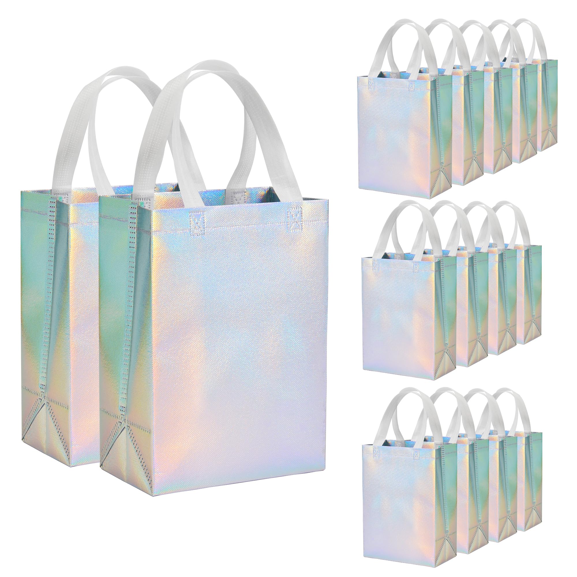 METAPRINT 15 Pcs Iridescent Glossy Gift Bags Medium Size, 8x4x10 Inch Holographic Reusable Gift Bags with Handles & Sturdy Base, Ideal for Birthday, Wedding