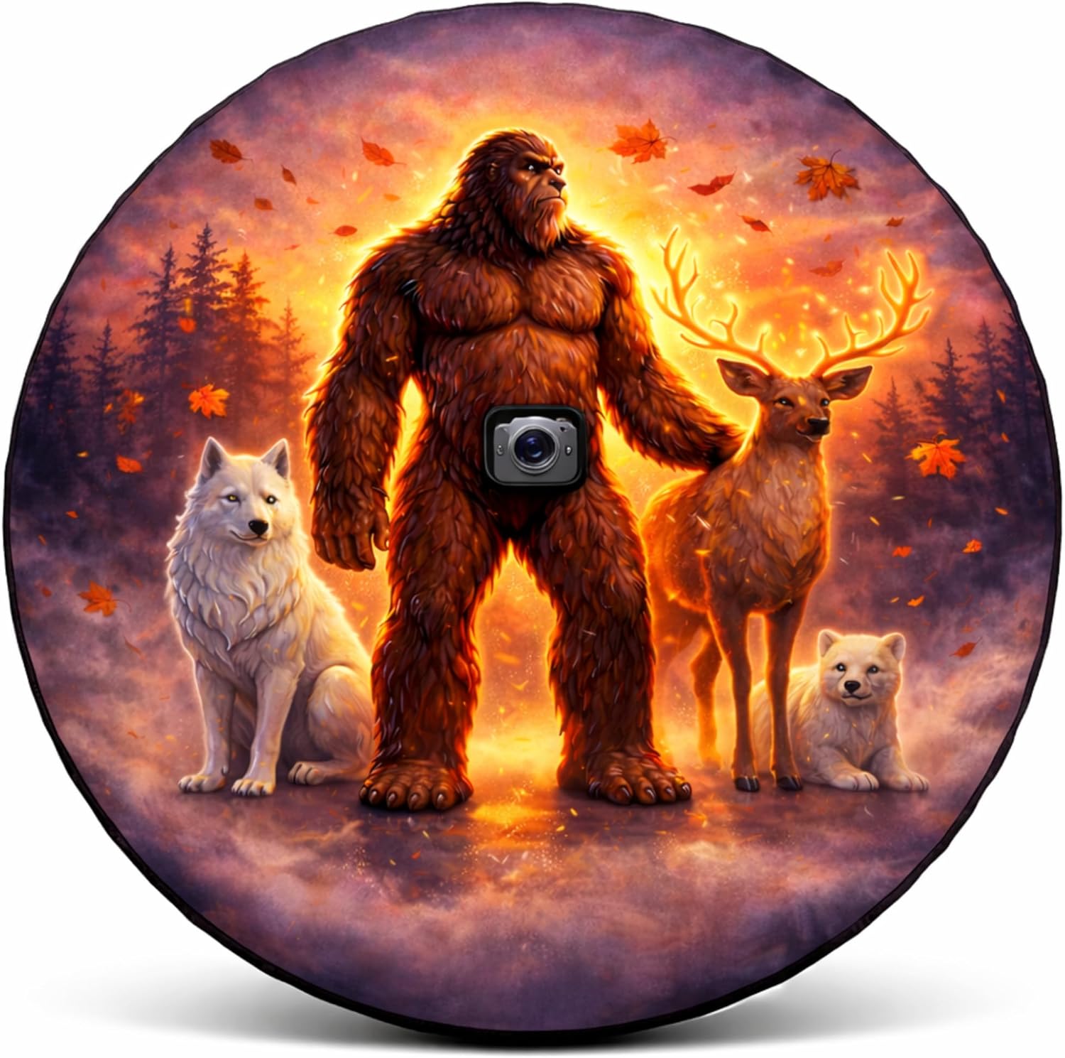 ThangPham Shop Bigfoot with Deer and Wolf Spare Tire Cover with/Without Backup Camera Hole – Forest Wildlife Scene Wheel Cover