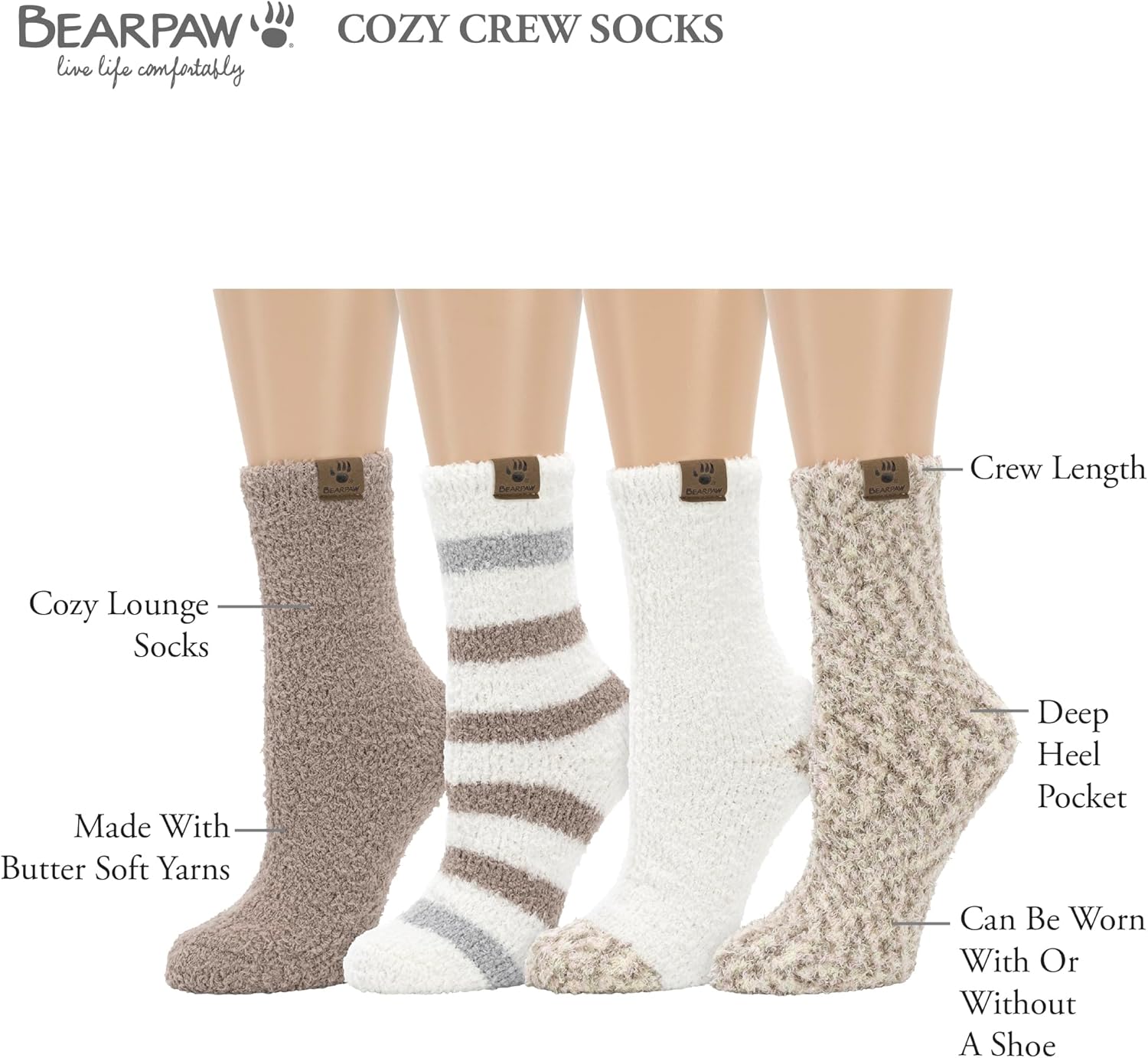 BEARPAW 4 Pair Pack Cozy Super Soft Lounge Socks Multi Pattern Crew Socks - Image 6