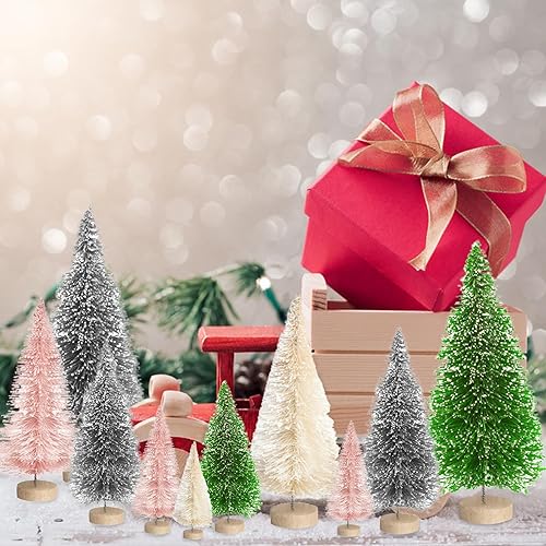 Miniatura 5 de 8 piezas de mini árbol de Navidad, pequeños árboles de Navidad artificiales con base de madera, árboles de cepillo de botella, árbol de Navidad