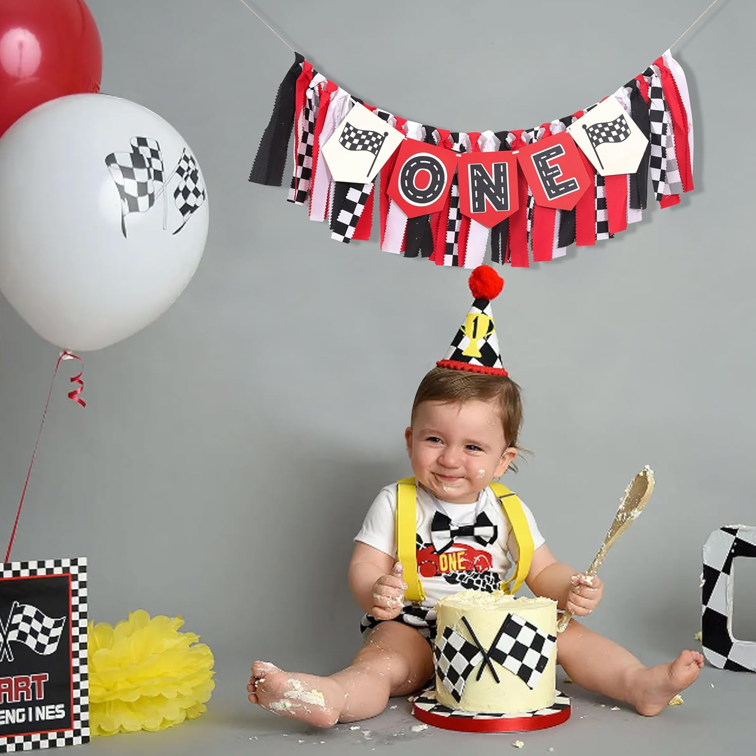 Race Car High Chair Banner - Fast One Birthday Party Decorations,Red Vintage Racing 1st Birthday Highchair Banner,Race Car Boy Smash Cake Banner,Racing Garland With Black And White Checkered Flags - Image 4