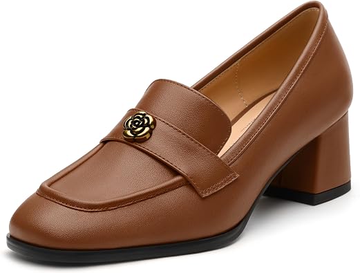 Womens Block Heel Loafers ,Classic Slip-On Square Toe Pumps with Gold Accent, Comfortable Dress Shoes for Work & Daily Wear