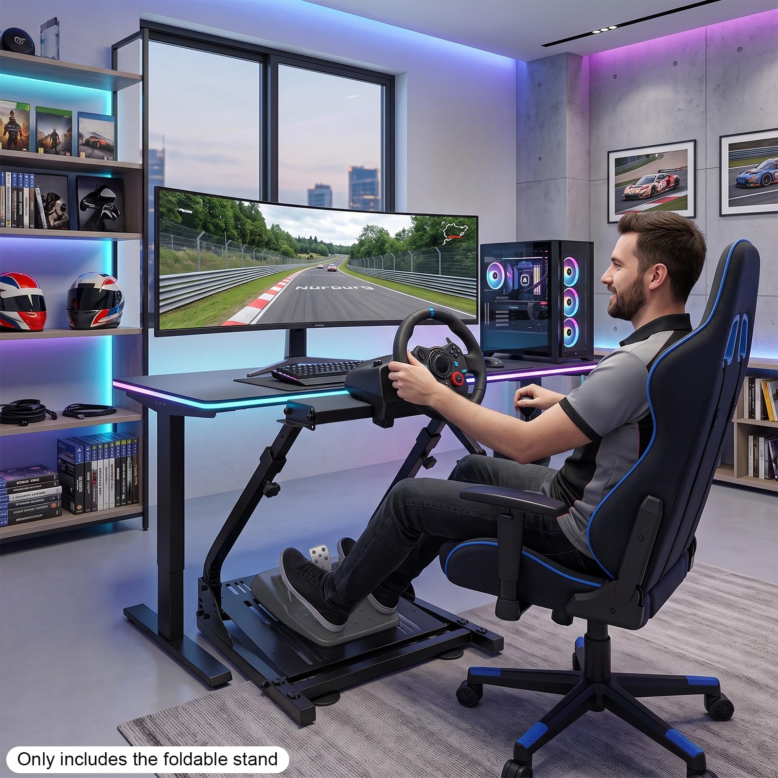 Cavalletto per volante, pieghevole, regolabile | Supporto per volante per Logitech G25/G27/G2/G920/G923; TX-F458/T500RS/T3PA-PRO (F1/GT), pedali Fanatec Clubsport e Simcube