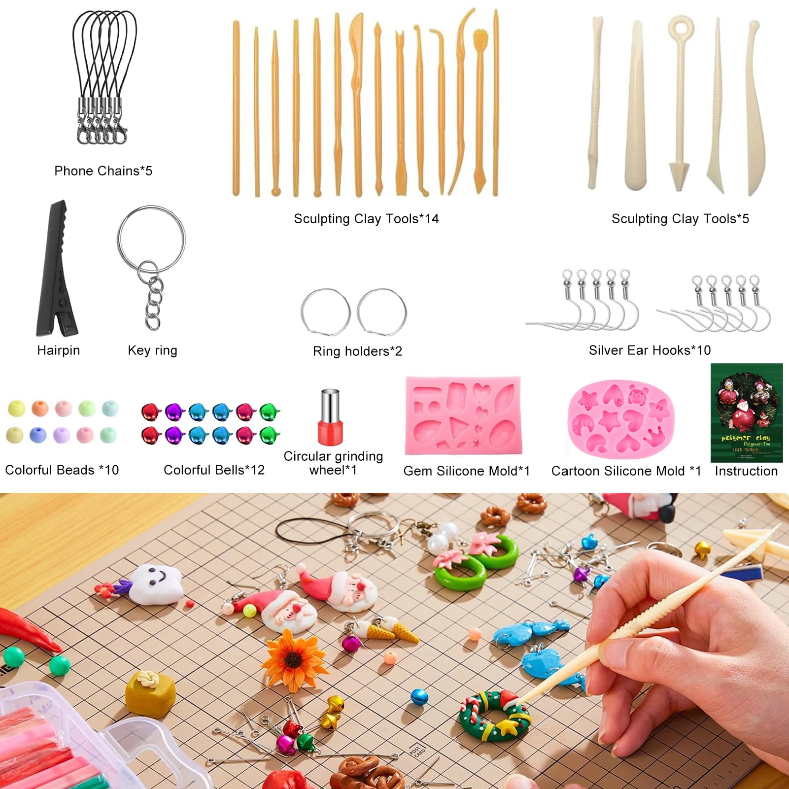 Set di argilla polimerica, 62 colori, per modellare il fai da te, 20 g, kit di argilla morbida, 19 strumenti, 14 accessori e 2 stampi in silicone, non stick, non tossico, ideale come regalo per