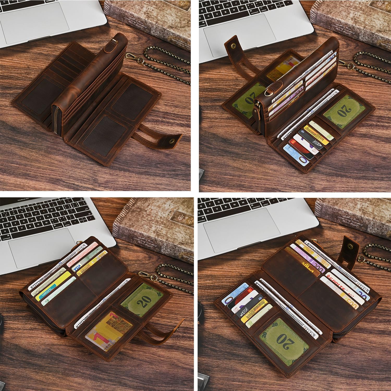 Genuine Crazy Horse Leather Travel Gift Coin Pocket Card Case Long Organizer Chain Rfid Wallet Purse With Snap For Men Male 1803 1815 (W-1819-Brown) - Image 6
