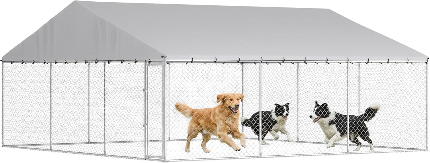 PawHut Outdoor Dog Kennel, 19.7' x 19.7' x 8.9', Heavy Duty Large Dog Kennel Outside w/Waterproof Roof, Galvanized Chain Link Pet Enclosure w/Secure Lock, for Large Breed, Chicken, Duck
