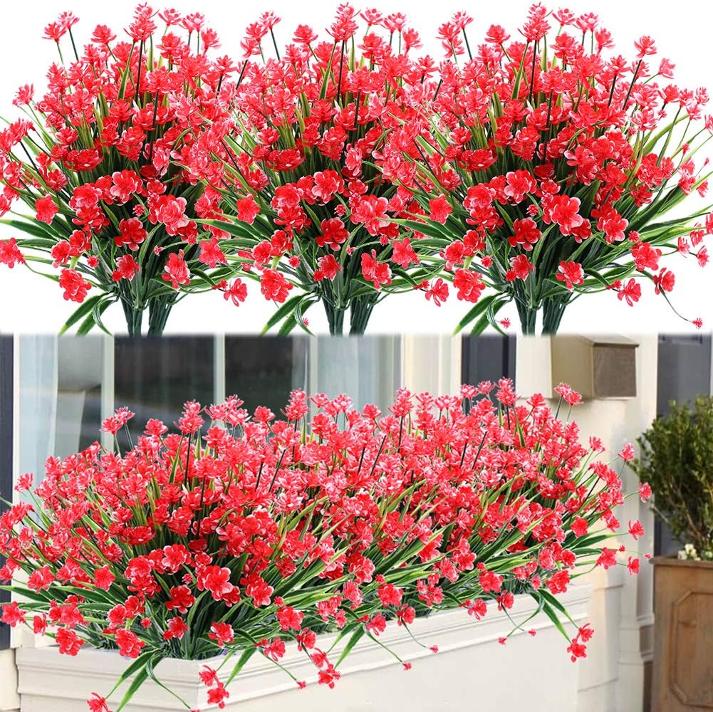 20 Bundles Outdoor Artificial Fake Flowers UV Resistant Shrubs Plants, Faux Plastic Greenery for Indoor Outside Hanging Plants Garden Porch Window Box Home Wedding Farmhouse Decor (Red)
