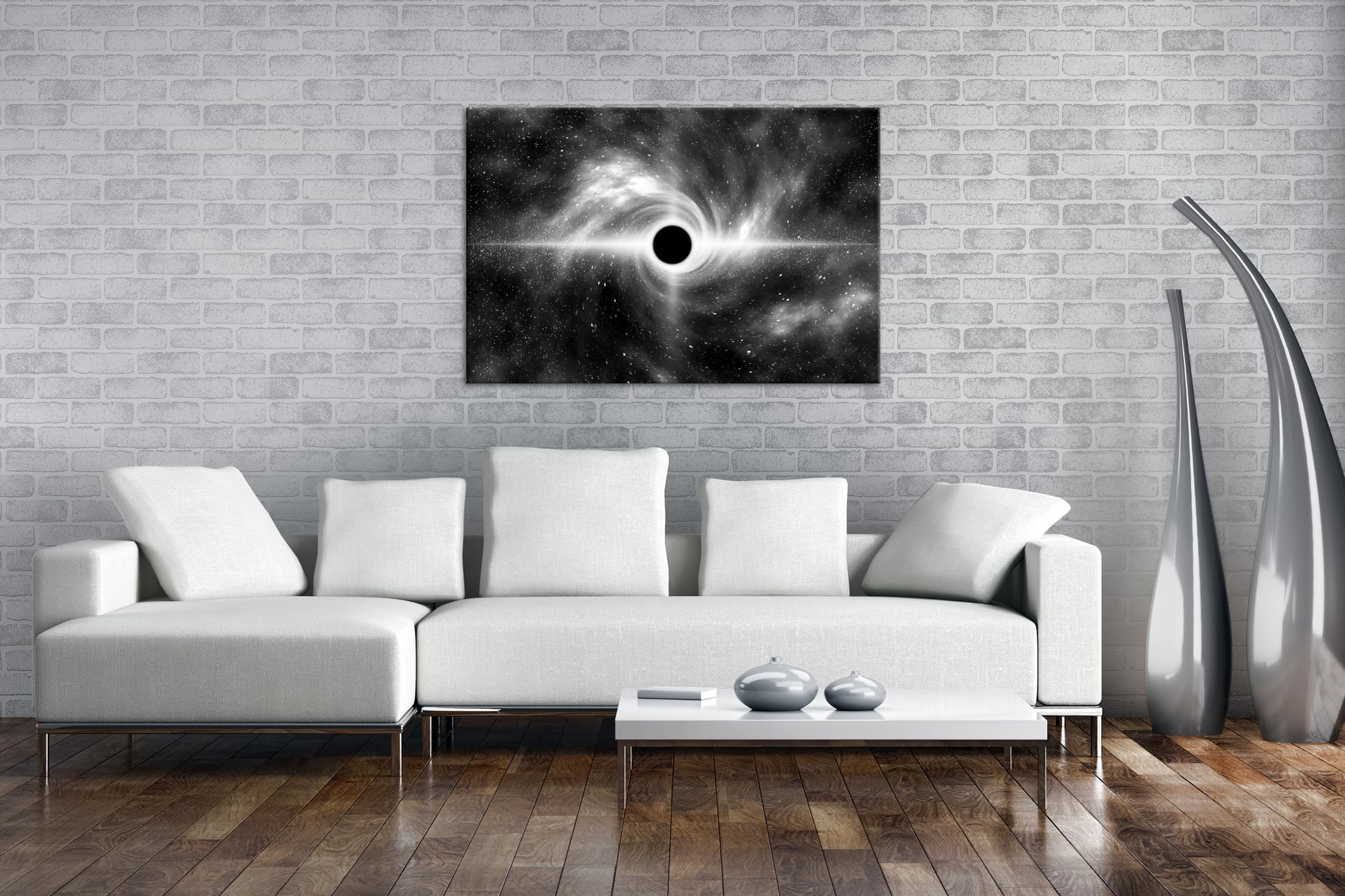 deyoli Ilustración de un agujero negro. Formato: 90 x 60 cm. Efecto: negro/blanco como lienzo, diseño listo enmarcado en marco de madera auténtica, impresión digital de alta calidad con marco
