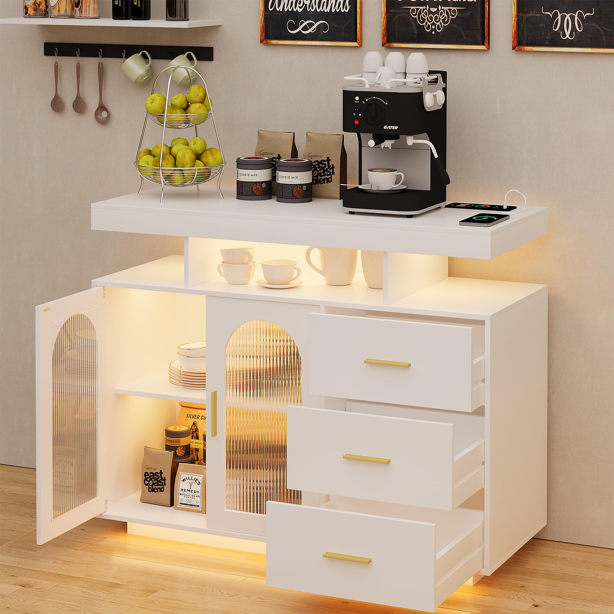 FREDEES küchenschrank Sideboard mit 3 Schubladen, Buffetschrank mit Auto-Sensor 20 Farbe Lichter Konsolentisch mit Ladestation, Touch Control Konsole Kaffee-Bar-Tisch für Küche, Esszimmer (weiß)