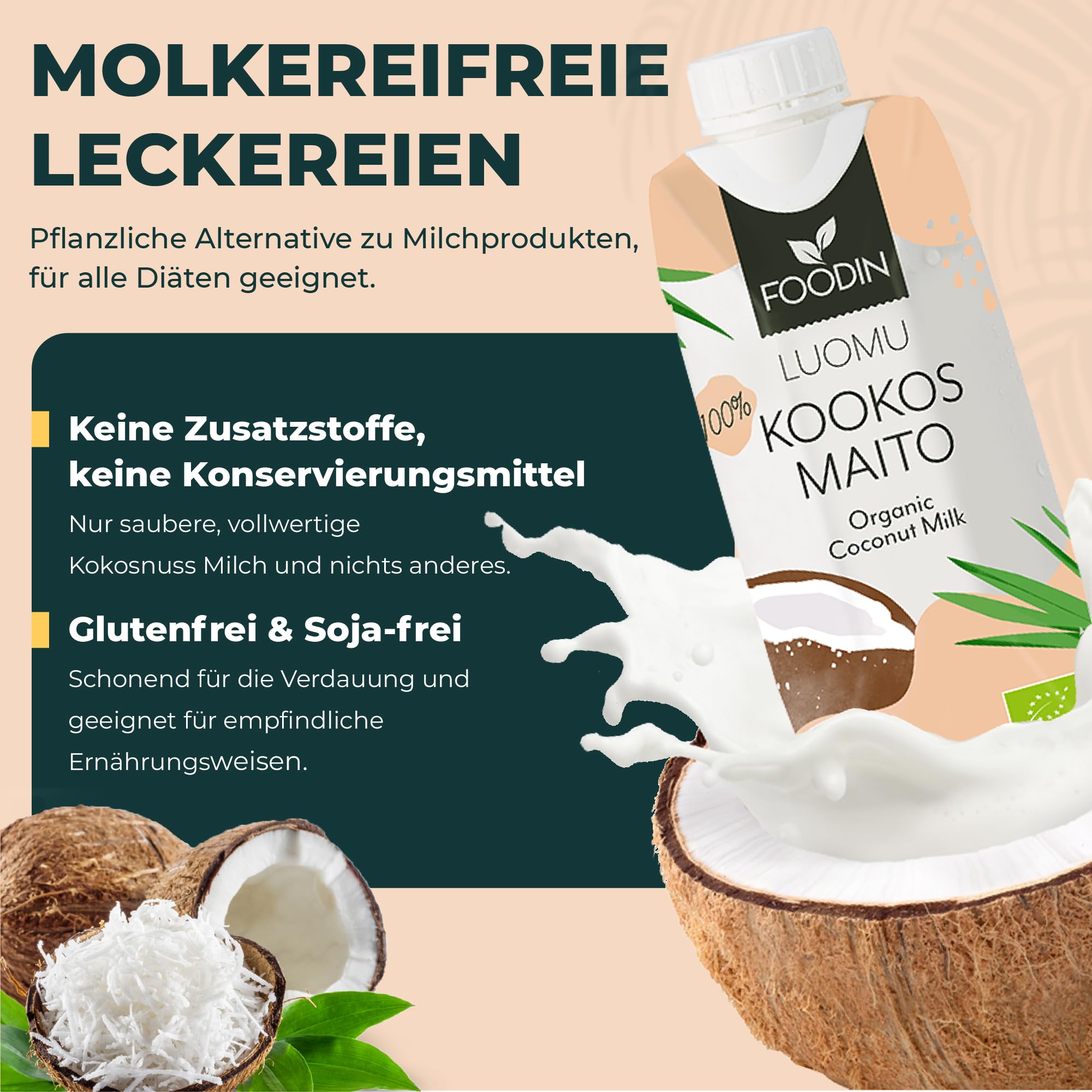 FOODIN Bio Kokosmilch 12 x 330 ml – Cremig & lecker, 100% vegan, aus weißem Kokosnuss-Fruchtfleisch, ideal für Currys, Suppen, Smoothies & Desserts
