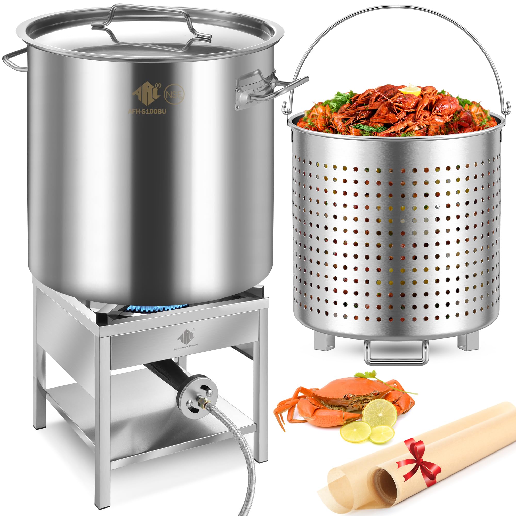 ARC 100QT Stainless Steel Seafood Boil Pot with 200,000BTU Propane Burner, w/Basket for Outdoor Deep Fryer, Large Cooking Pot for Turkey Fryer, Crab, Crawfish, Shrimp, Lobster Boiling Stock Pot