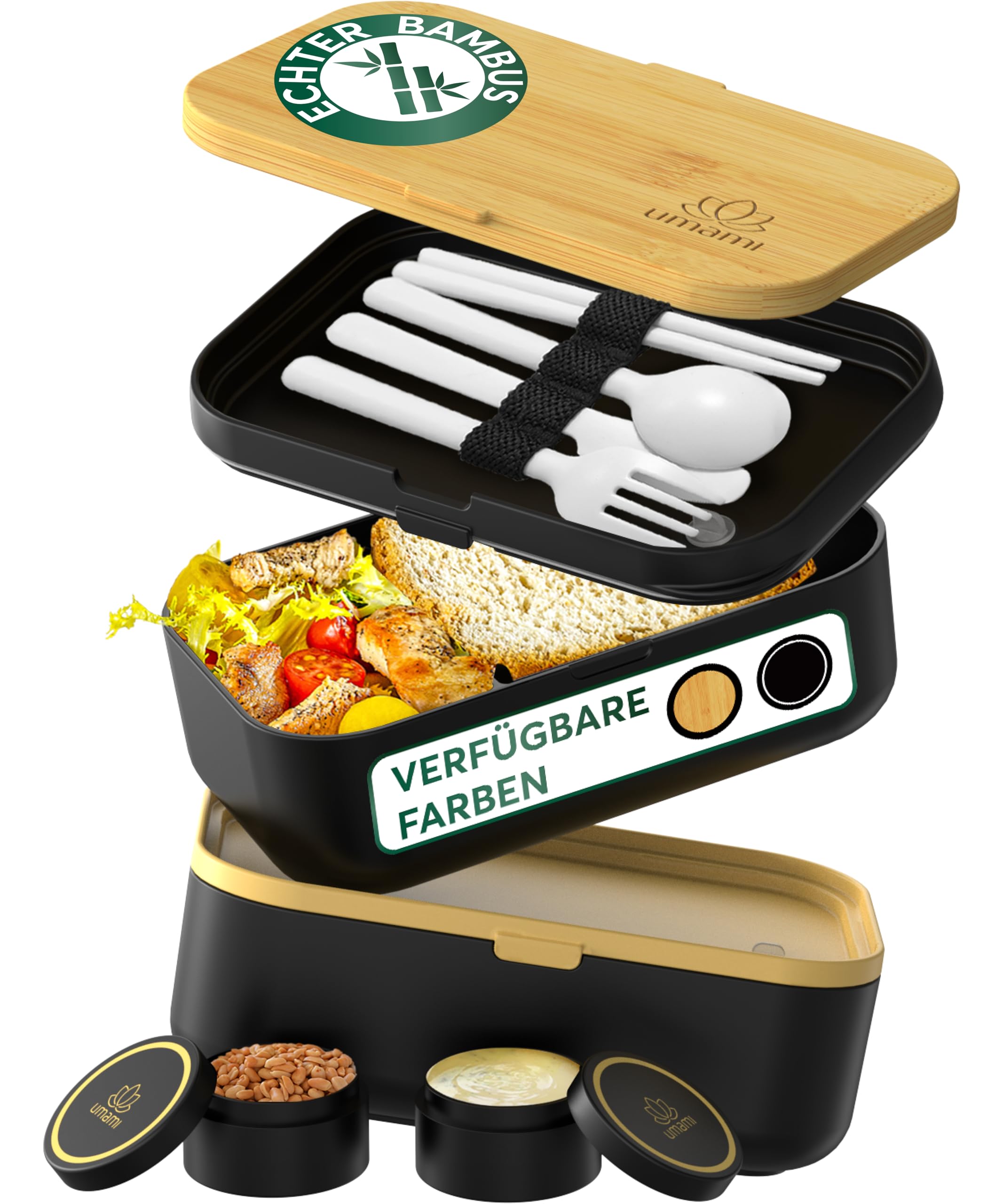 Umami All-in-1 2L Bento Lunchbox Erwachsene mit Besteck & 2 Saucenbehältern, Auslaufsicher Brotdose Erwachsene, Inkl. Zubehör Brotdose mit Fächern für Meal Prep, Mitternacht-schwarz & Tan, 2000 ml