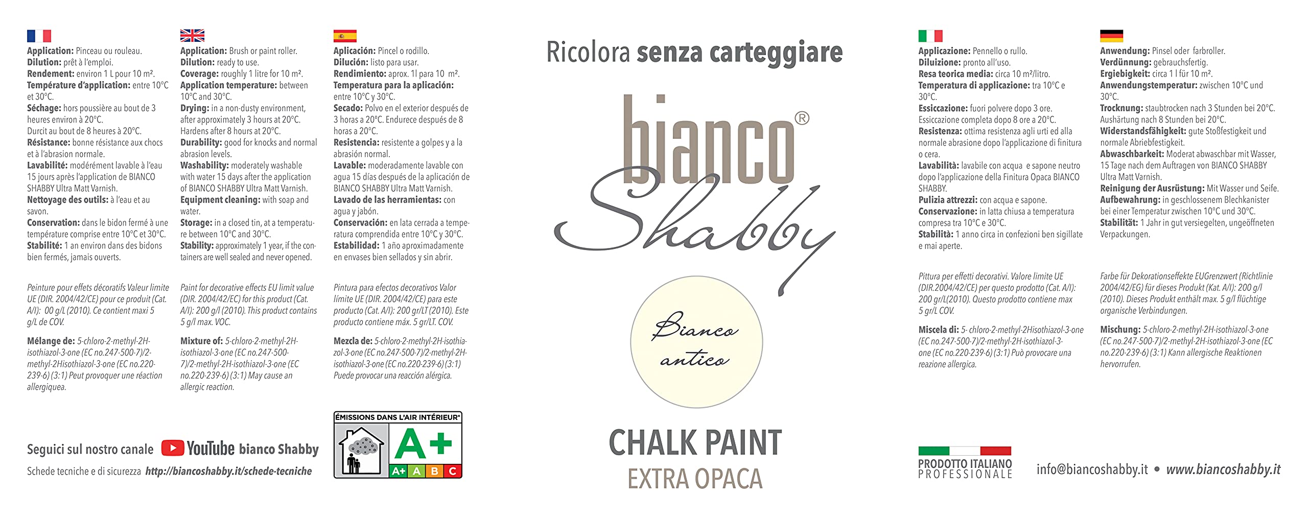 CHALK PAINT Bianco Antico & FINITURA + PENNELLO - Pittura Shabby Chic EXTRA OPACA (1 Litro) + Finitura Trasparente Opaco (1 Litro) + 1 Pennello Pro 40 mm