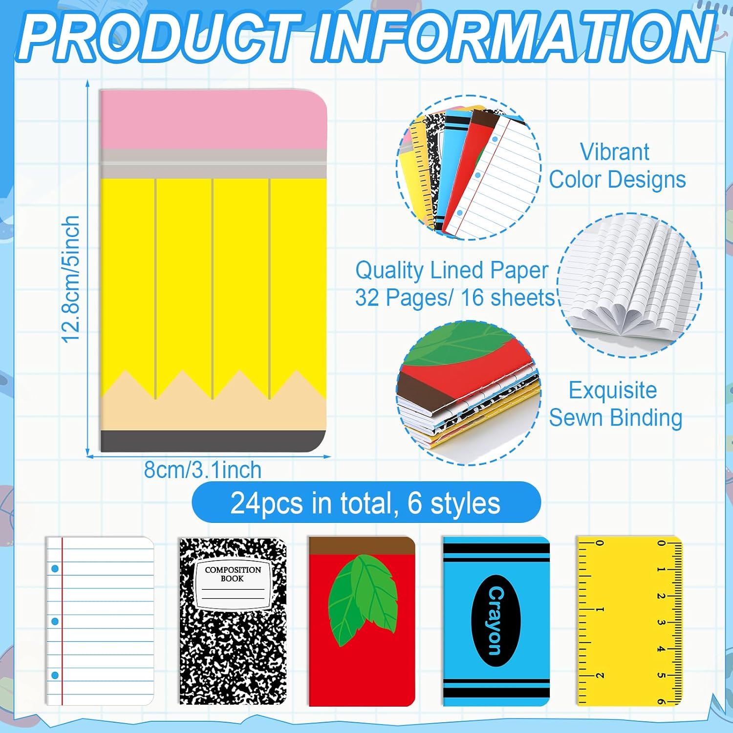 24 Pack Back to School Party Favor Mini Composition Books Small Pocket Size Crayon Pencil Apple Teacher Appreciation Notebooks for Students First Day of School Gift Favors Classroom Prize 5x3 Inch image 2