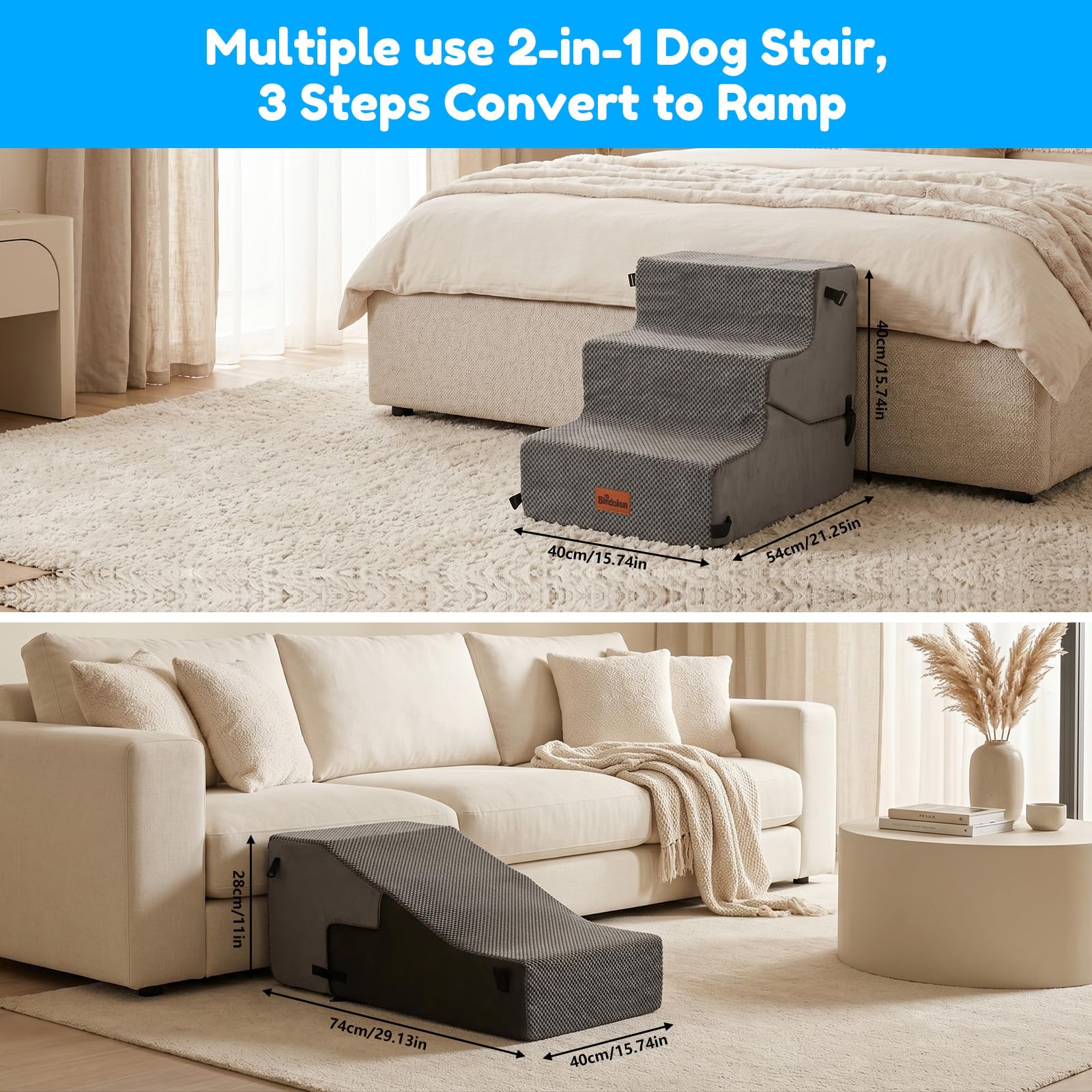 Scaletta per cani 2 in 1 per divano, regolabile a 3 gradini in schiuma ad alta densità per letto, scala per cani con fondo antiscivolo, fodera rimovibile e lavabile, maniglia, adatta per cani di