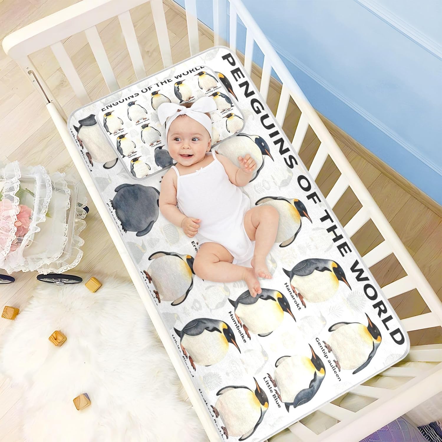 Cooling Baby Play Mattress 28" x 52" Absorbent Penguins Different Pads for Bed Washable for Kids, Adult