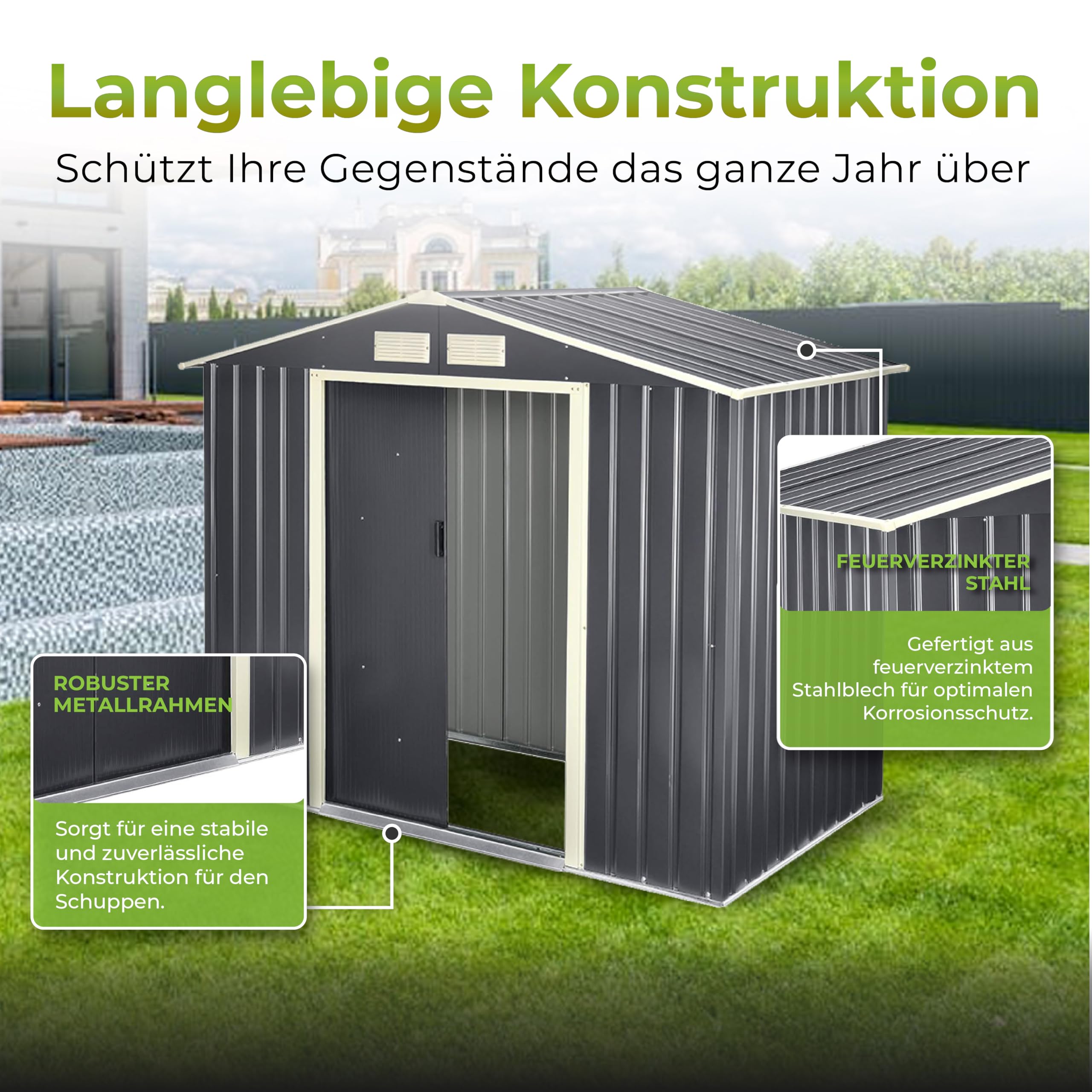 [en.casa] Geräteschuppen 213x127x185cm Gartenhaus 4 m³ mit Satteldach Metallrahmen Schuppen aus Stahlblech Abschließbar Gerätehaus 2 Schiebetür Dunkelgrau